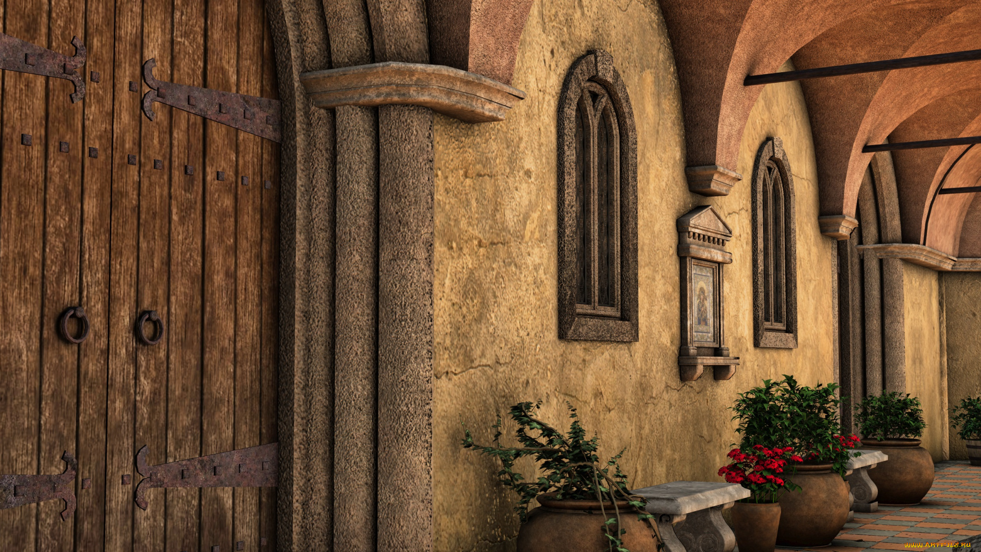 3д, графика, realism, , реализм, стена, цветы