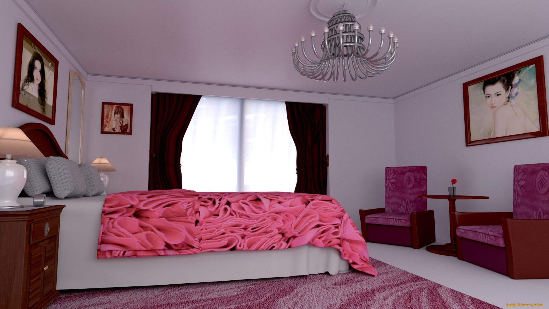 3д, графика, realism, , реализм, светильник, картины, комната, кровать, подушки