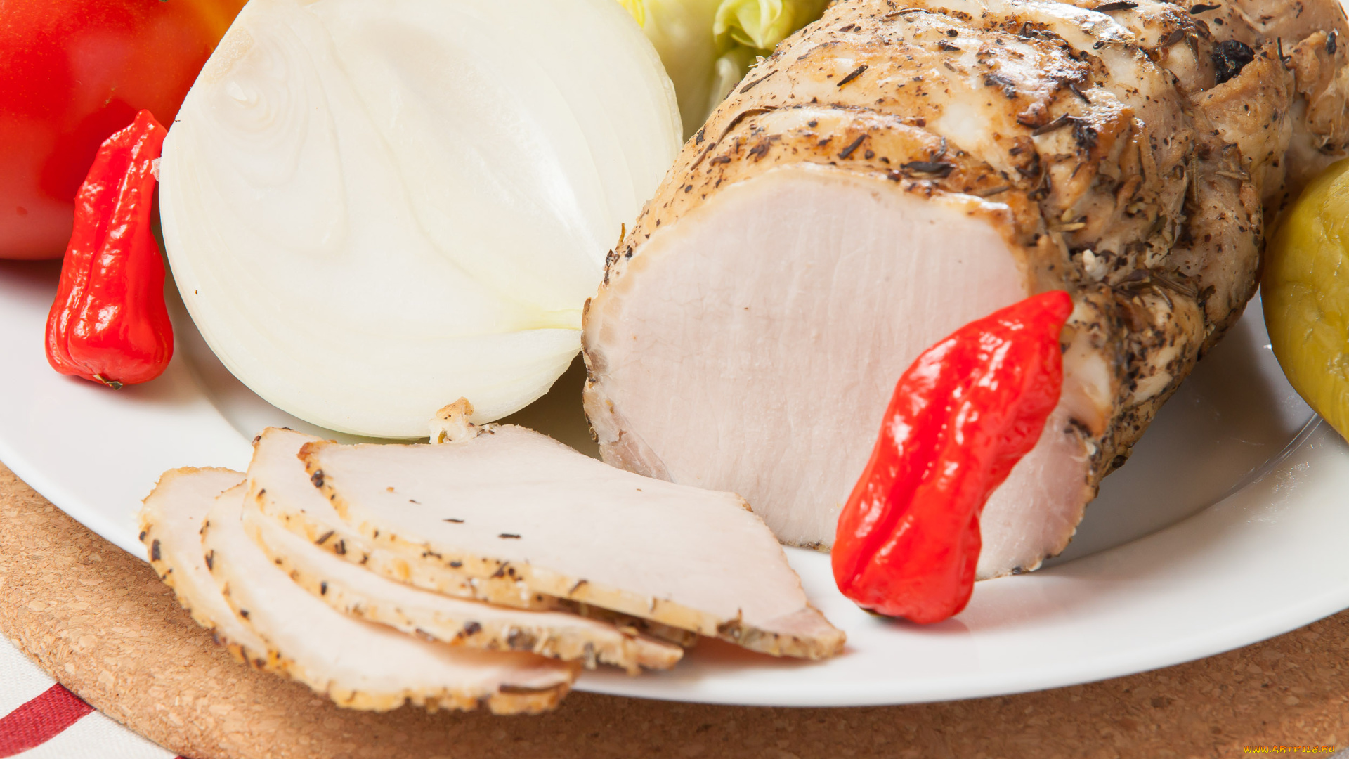 еда, мясные, блюда, запеченное, мясо, перец, лук, приправа