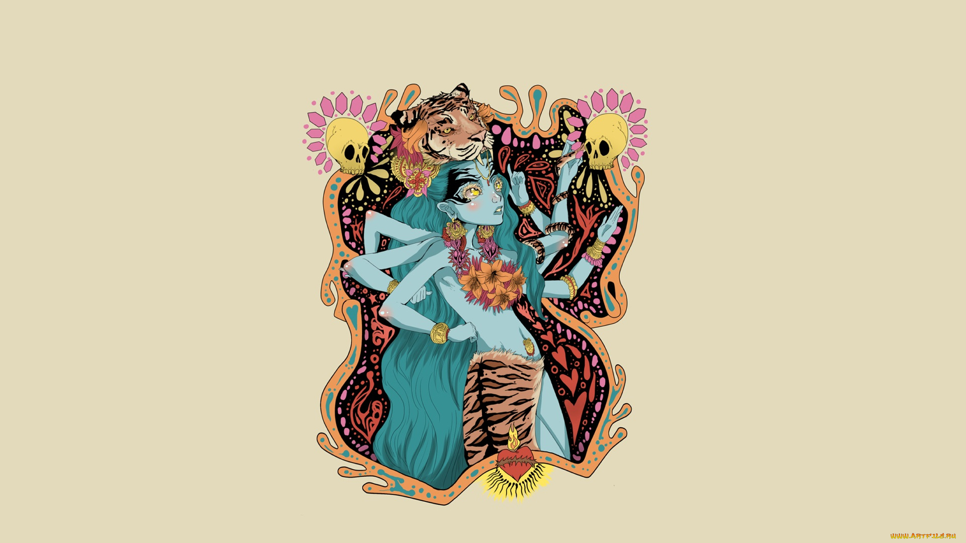 рисованные, минимализм, девушка, тигр, черепа