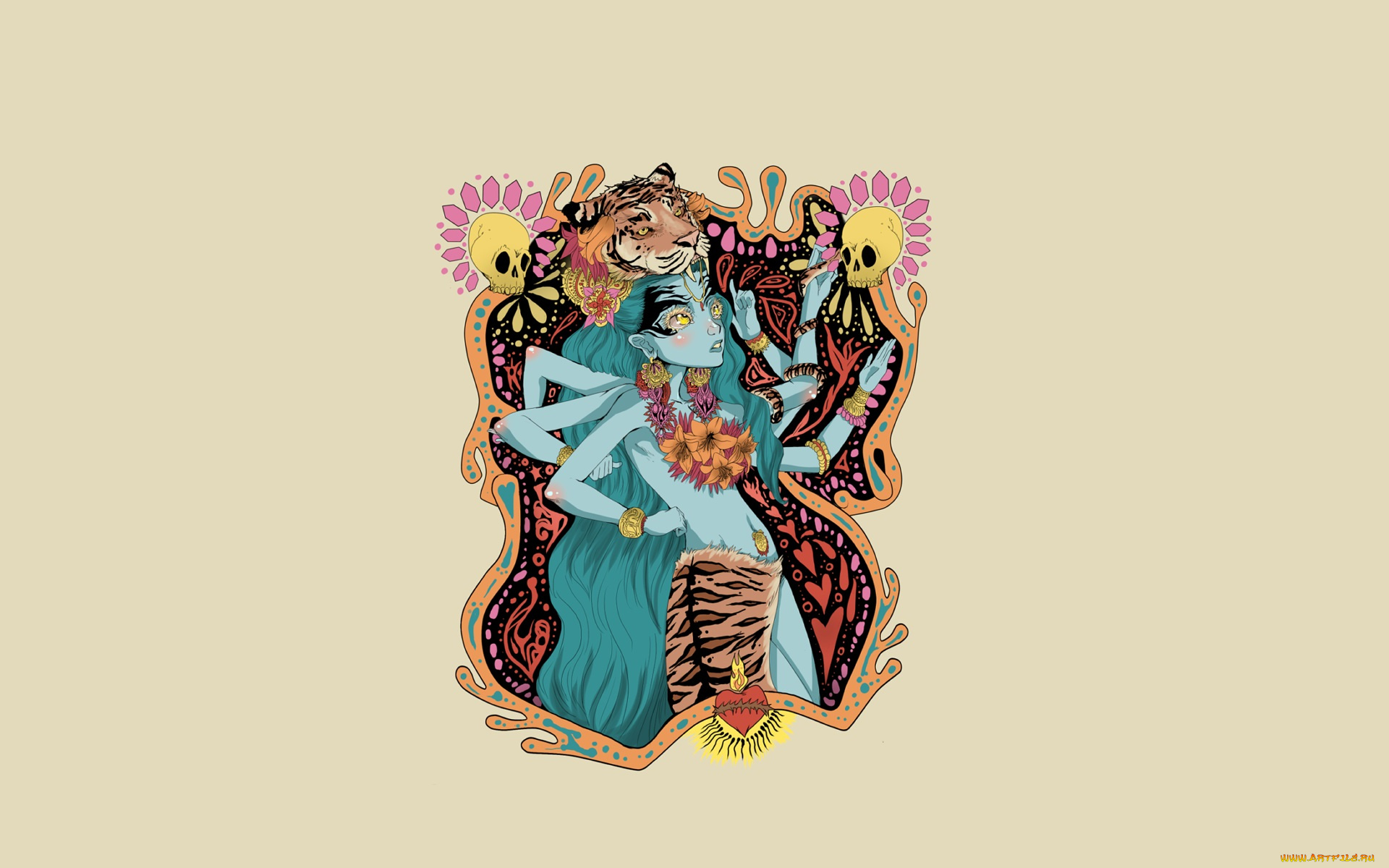 рисованные, минимализм, девушка, тигр, черепа