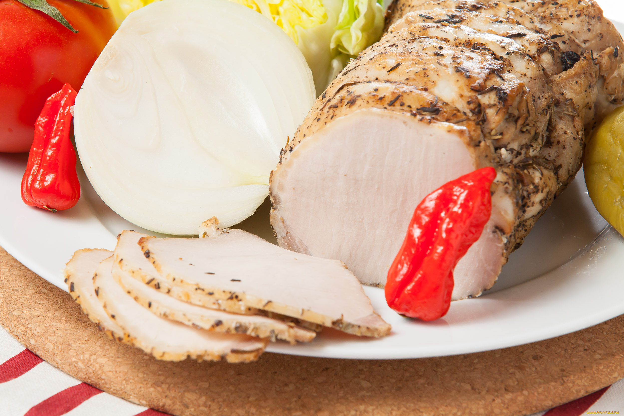 еда, мясные, блюда, запеченное, мясо, перец, лук, приправа