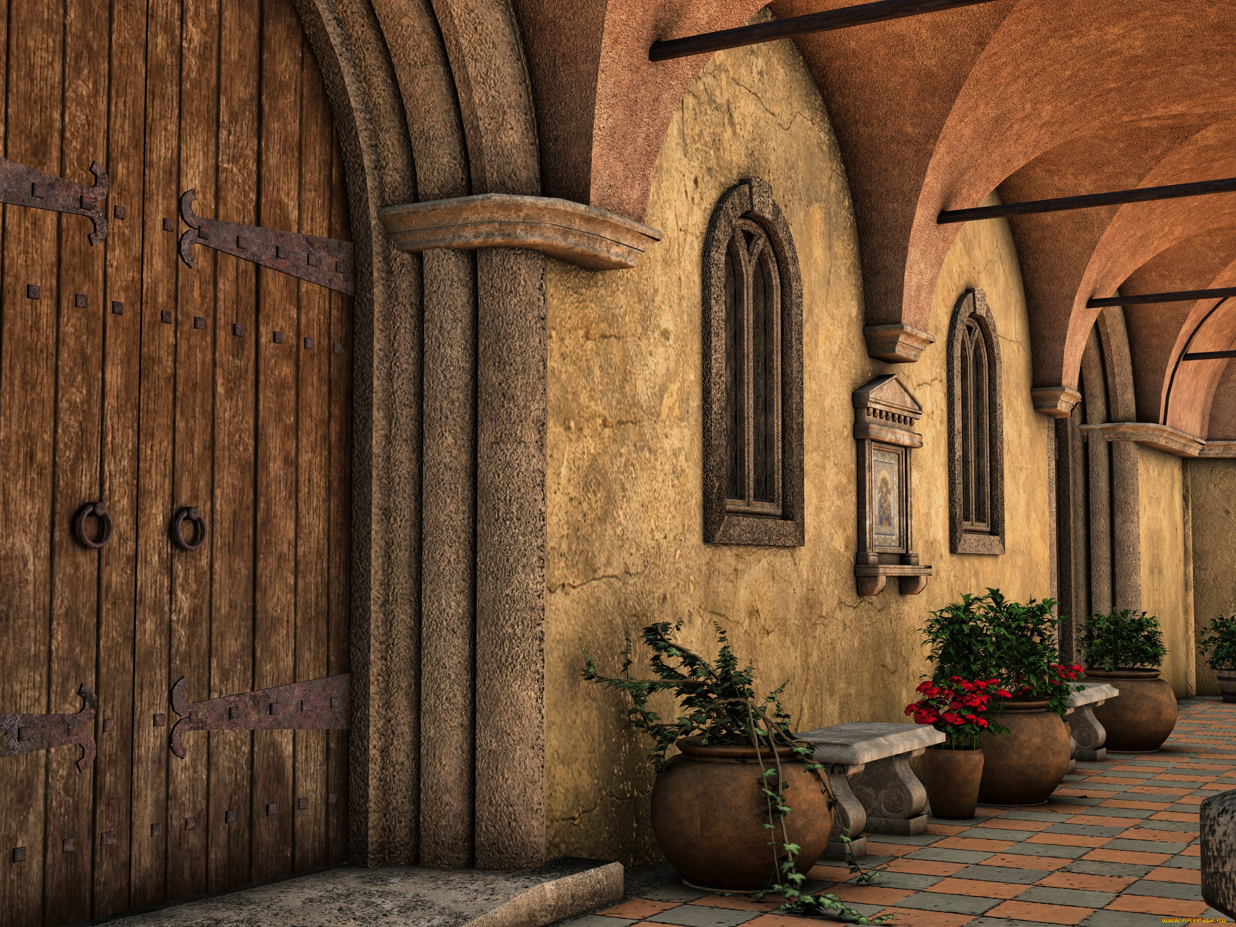 3д, графика, realism, , реализм, стена, цветы