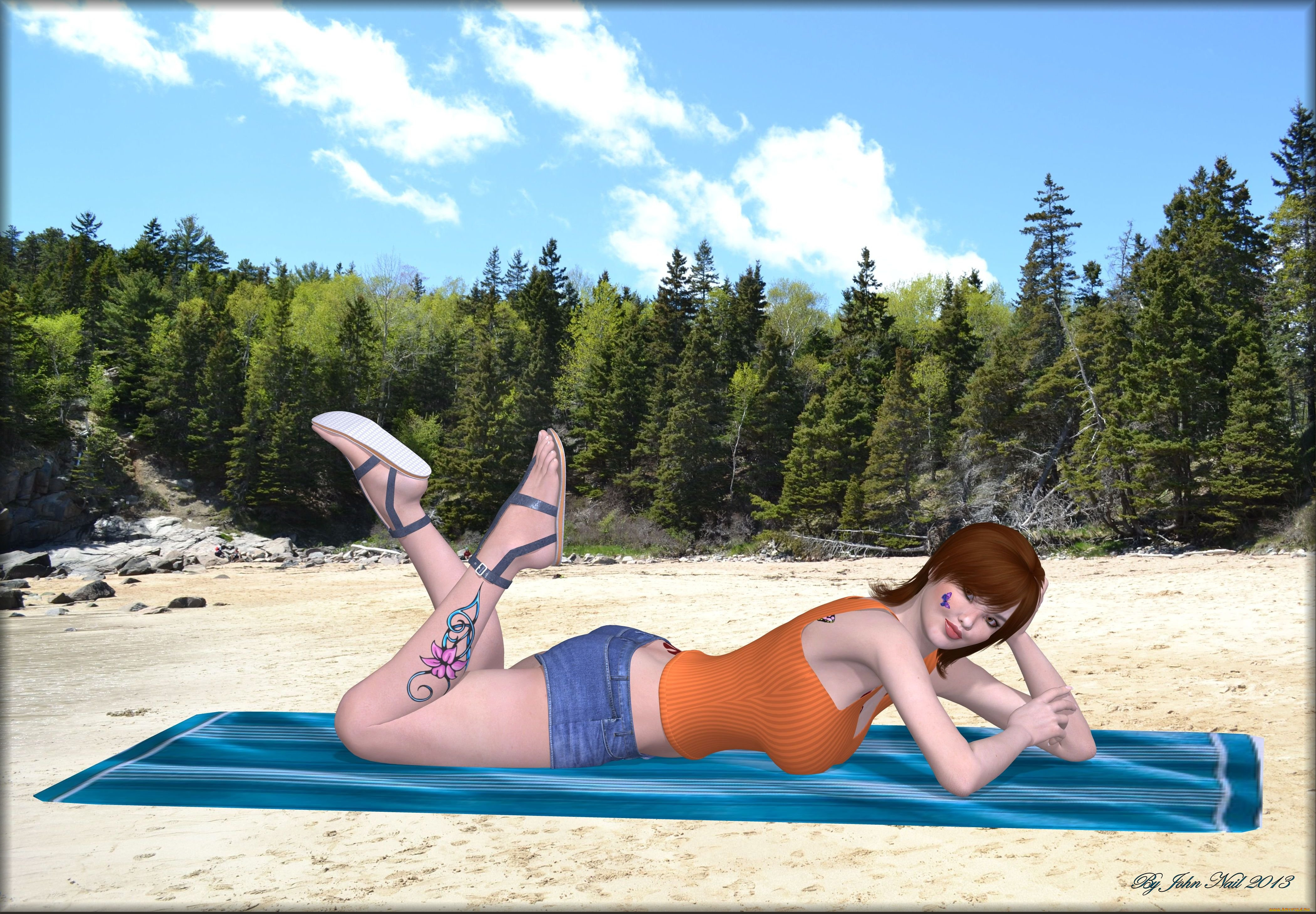 3д, графика, people, , люди, девушка, полотенце, песок, взгляд