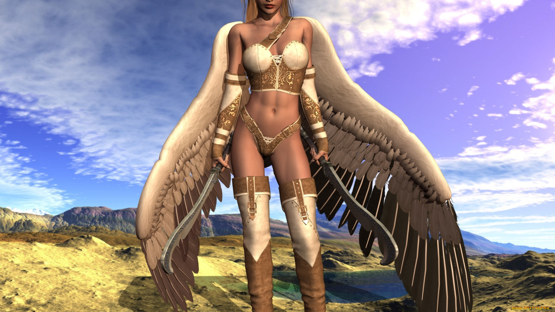 3д, графика, ангел, , angel, крылья, фон, ангел, оружие, взгляд, девушка