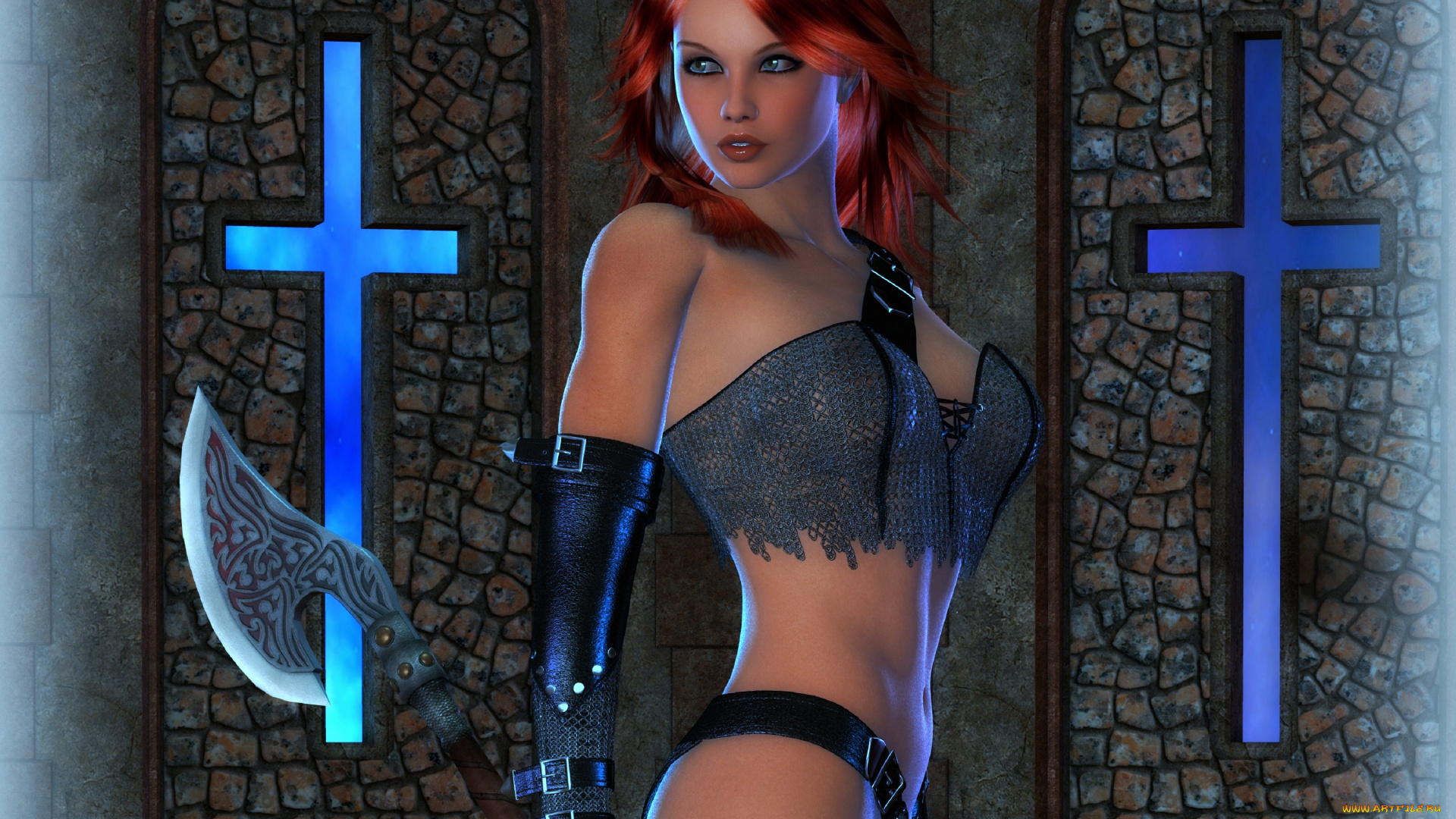 3д, графика, фантазия, , fantasy, рыжая, фон, взгляд, девушка, оружие