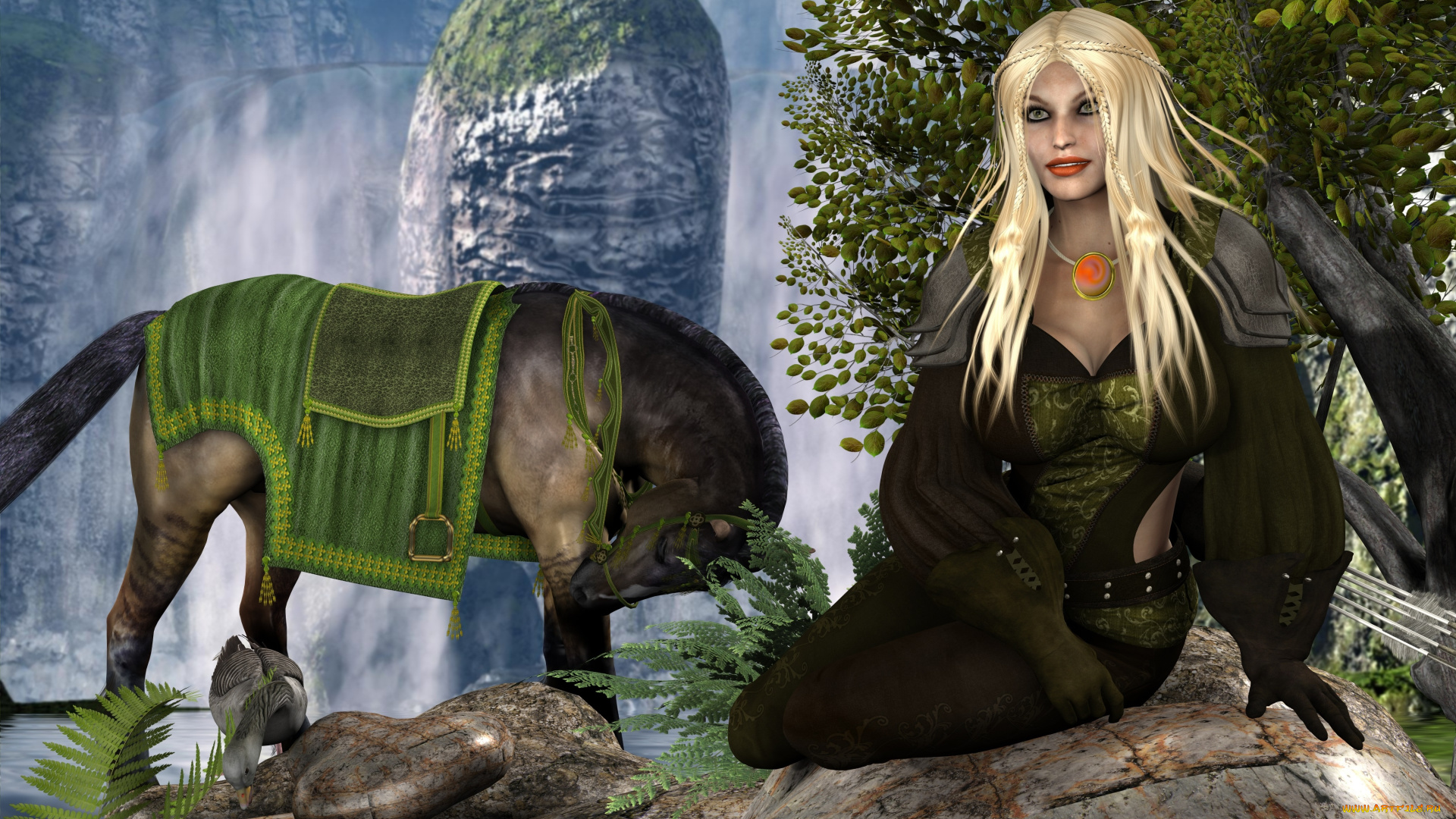 3д, графика, люди, , people, девушка, взгляд, фон, блондинка, гусь, деревья, горы, лошадь