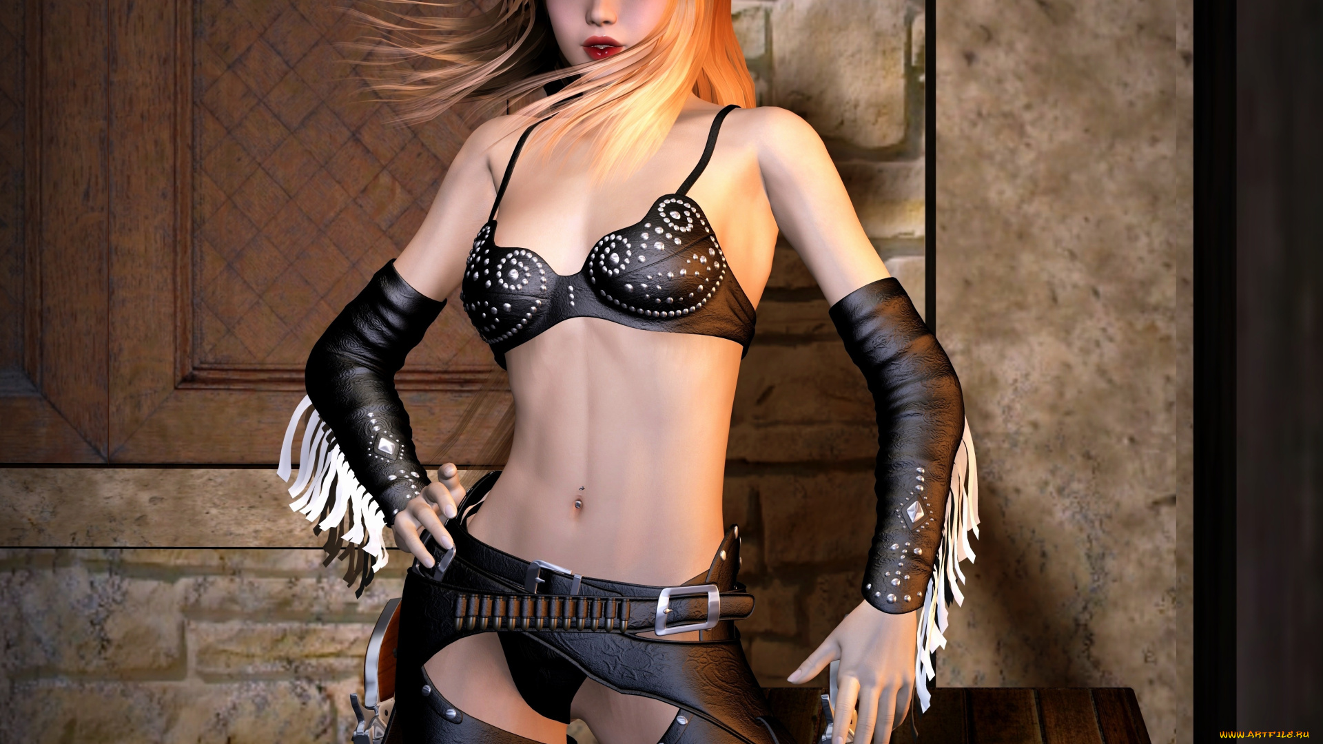 3д, графика, люди, , people, рыжая, фон, взгляд, девушка, оружие, шляпа