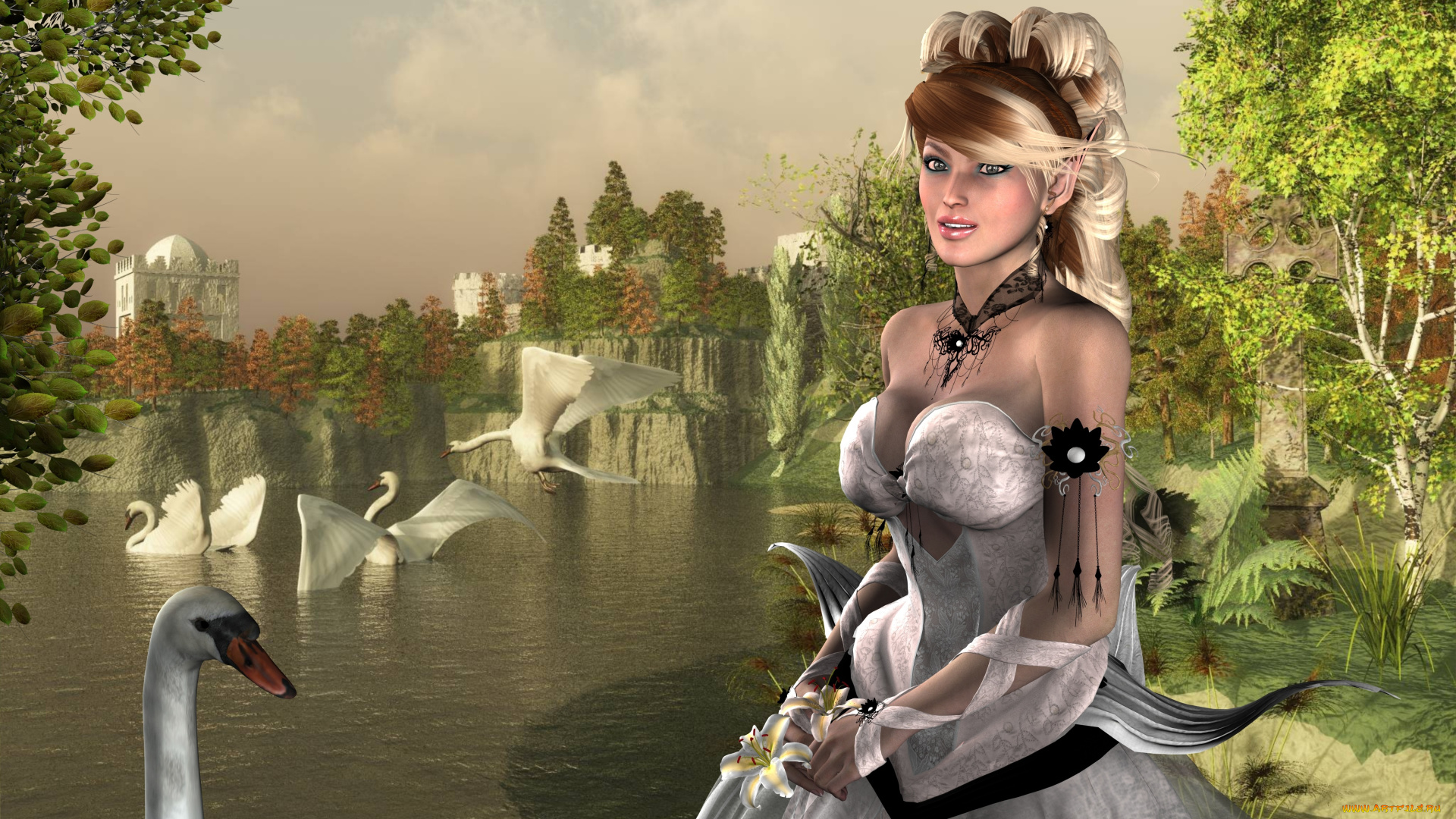 3д, графика, люди, , people, взгляд, лебеди, фон, девушка