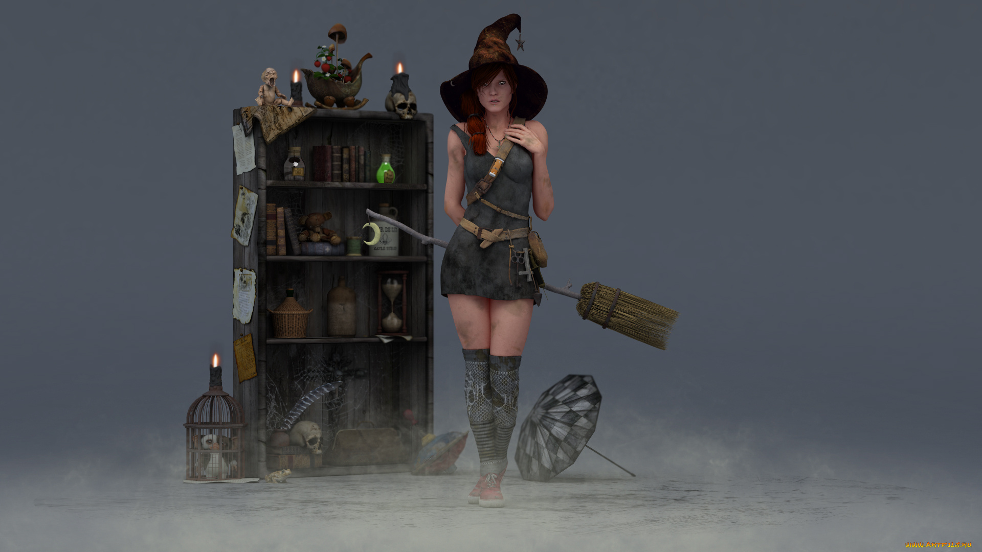 3д, графика, праздники, , holidays, фон, взгляд, девушка, метла, свечи, шляпа, зелья