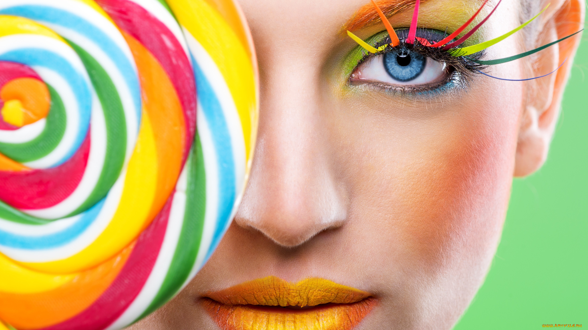 девушки, -unsort, , креатив, стиль, модель, лицо, макияж, ресницы, радуга, губы, леденец