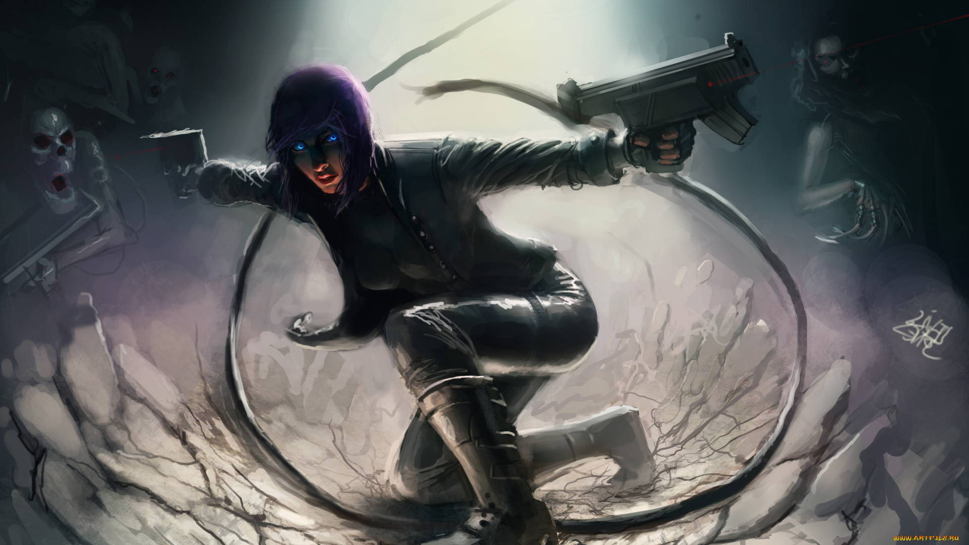 фэнтези, девушки, ghost, in, the, shell, арт, монстры, свет, темно, оружие, девушка