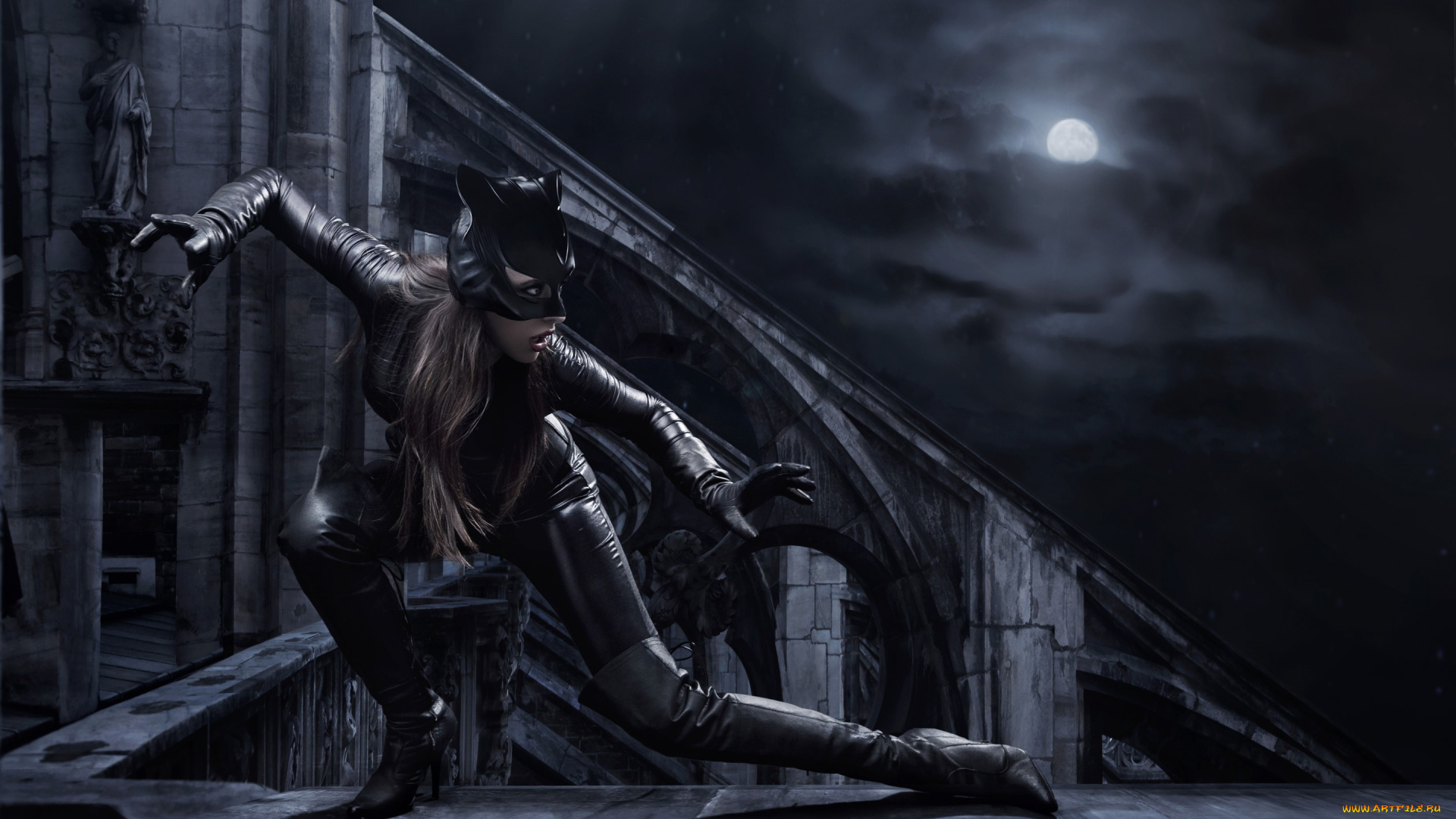 фэнтези, фотоарт, луна, костюм, маска, сапоги, ночь, женщина-кошка, catwoman