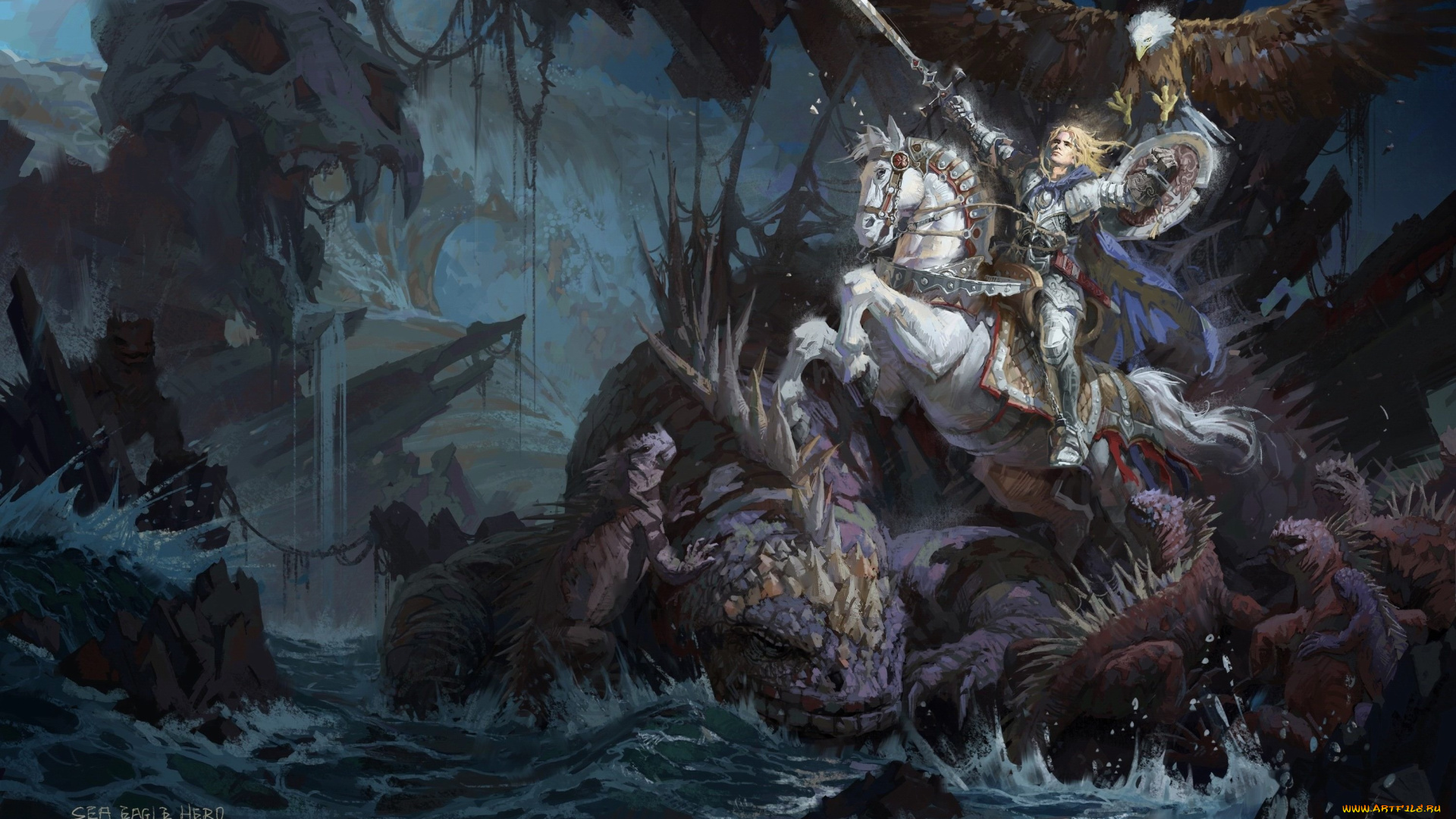 фэнтези, существа, море, скалы, монстры, оружие, конь, арт, воин, всадник
