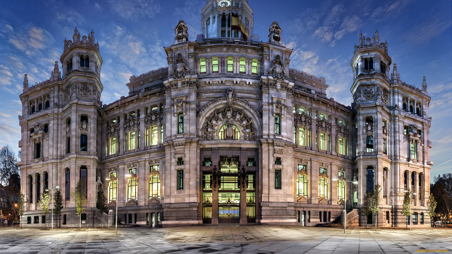 города, мадрид, , испания, madrid, дворец, площадь, ночь, фонари