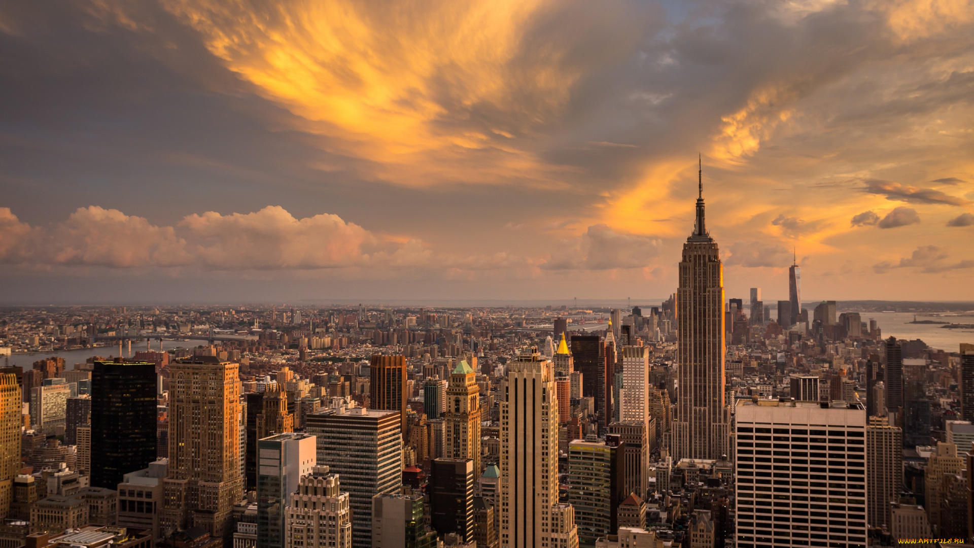 города, нью-йорк, , сша, небоскребы, город, закат, manhattan