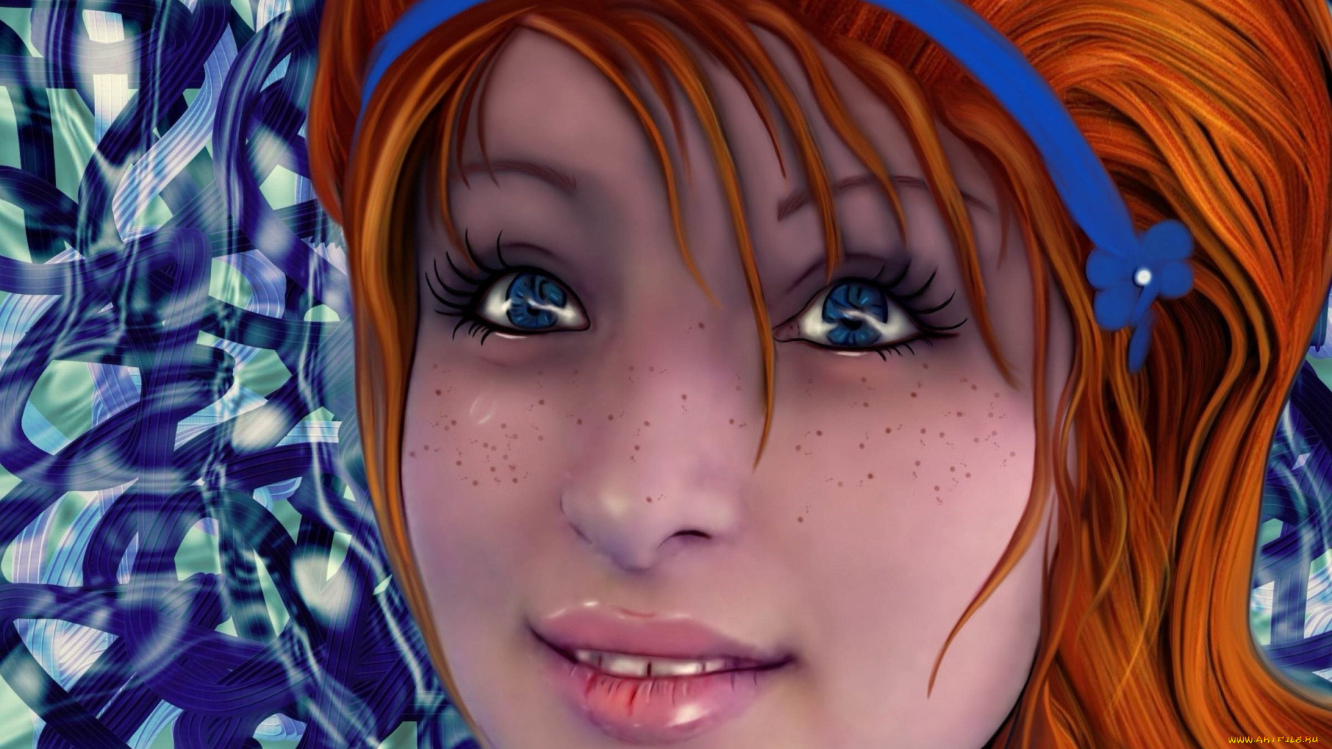 рисованное, люди, фон, взгляд, рыжая, девушка