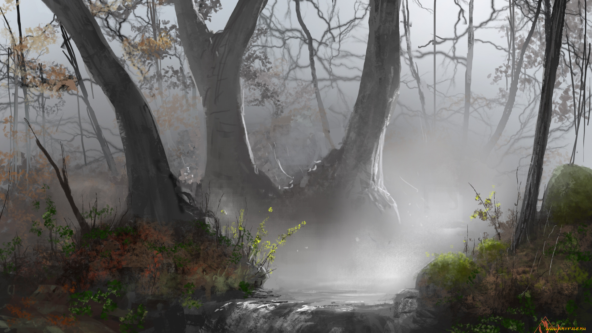 рисованное, природа, деревья, водопад, ручей