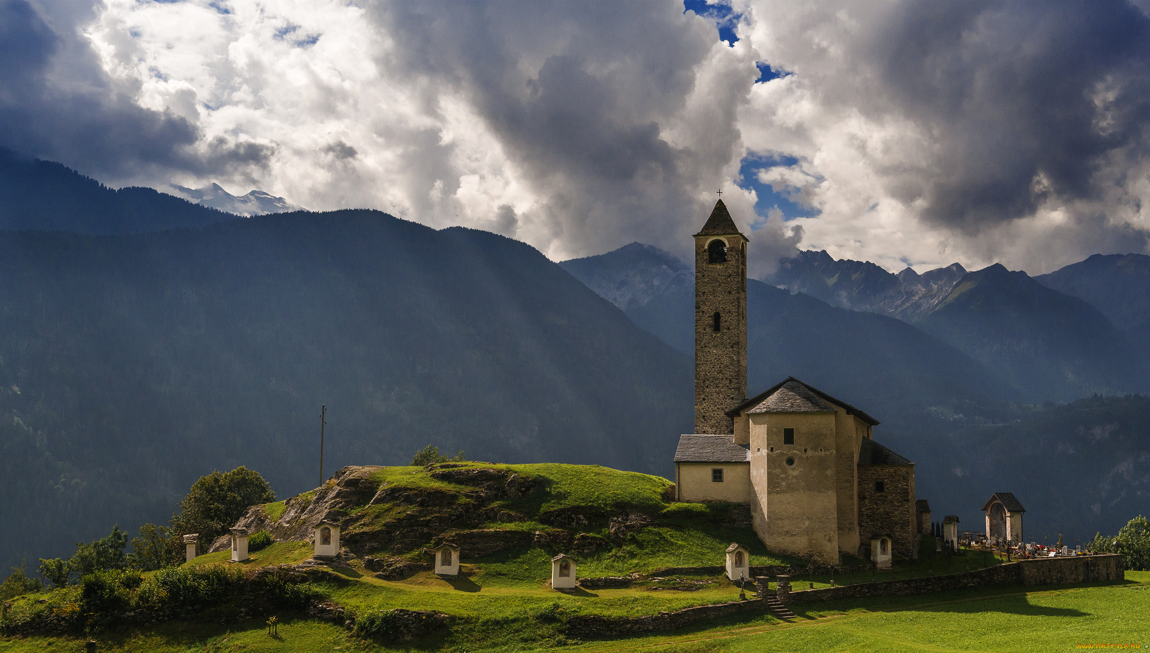 города, -, православные, церкви, , монастыри, швейцария, горы, церковь, chiesa, santi, lorenzo, e, agata, rossura, солнце, облака