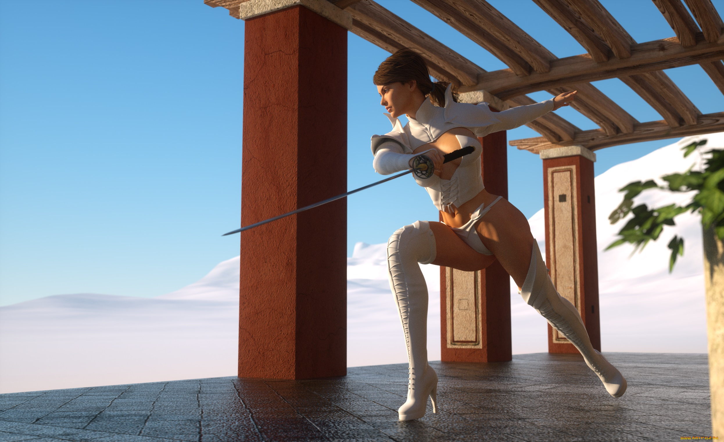 3д, графика, фантазия, , fantasy, фон, взгляд, оружие, девушка