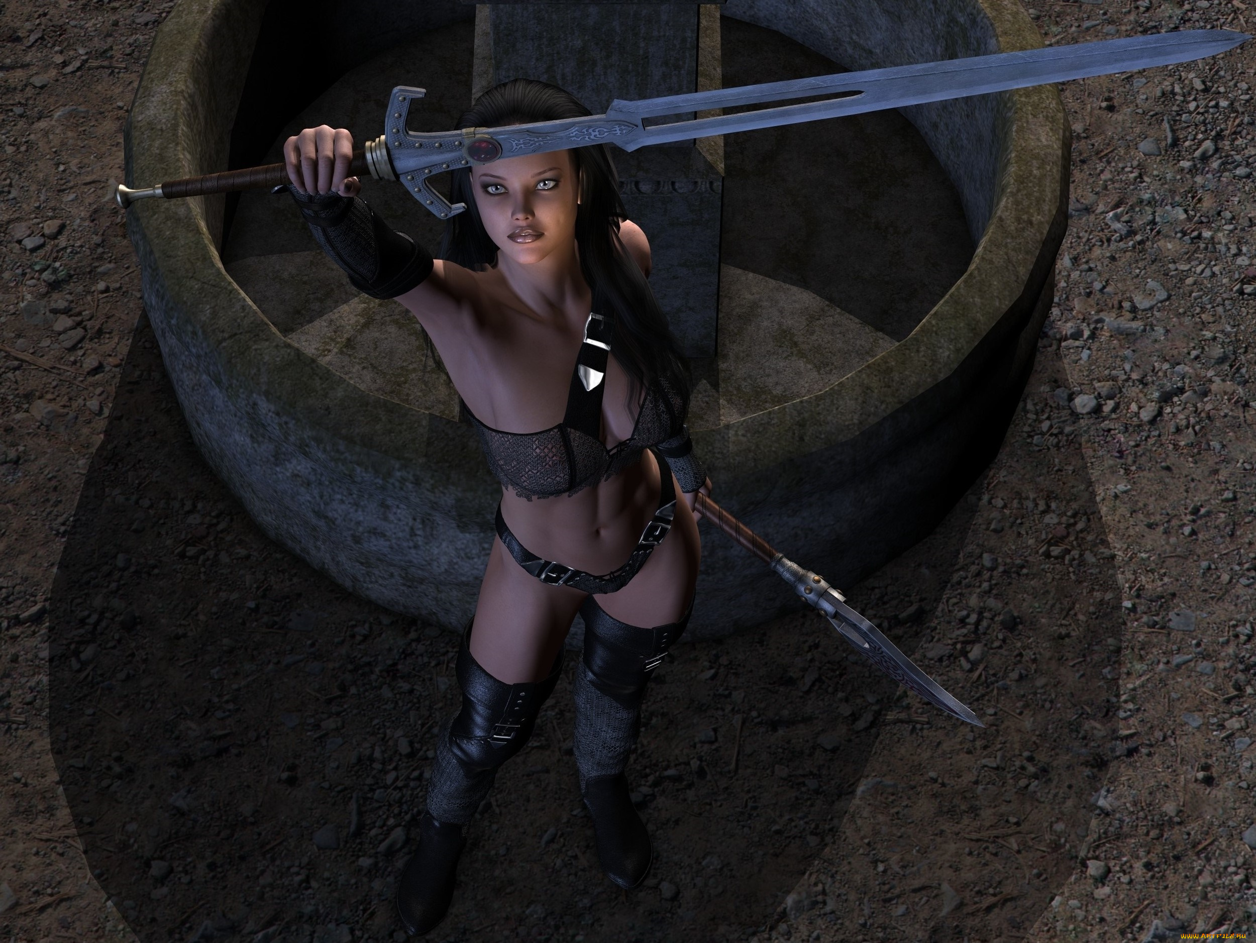 3д, графика, фантазия, , fantasy, взгляд, девушка, фон, оружие