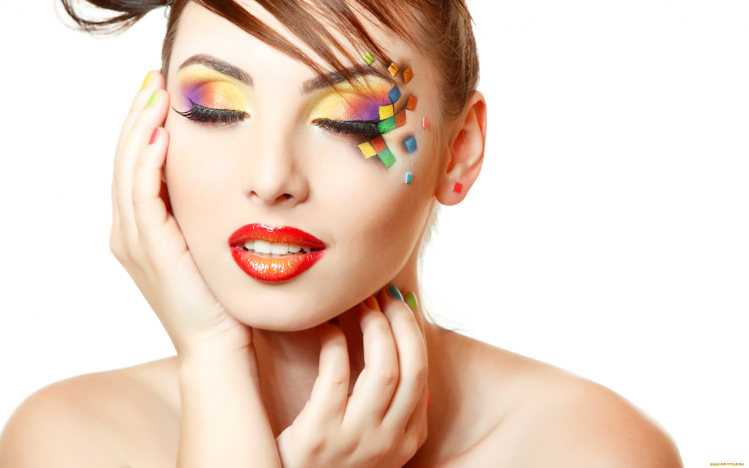 девушки, -unsort, , лица, , портреты, стиль, модель, макияж, make, up, закрытые, глаза, губы, лицо, прическая, шея, руки