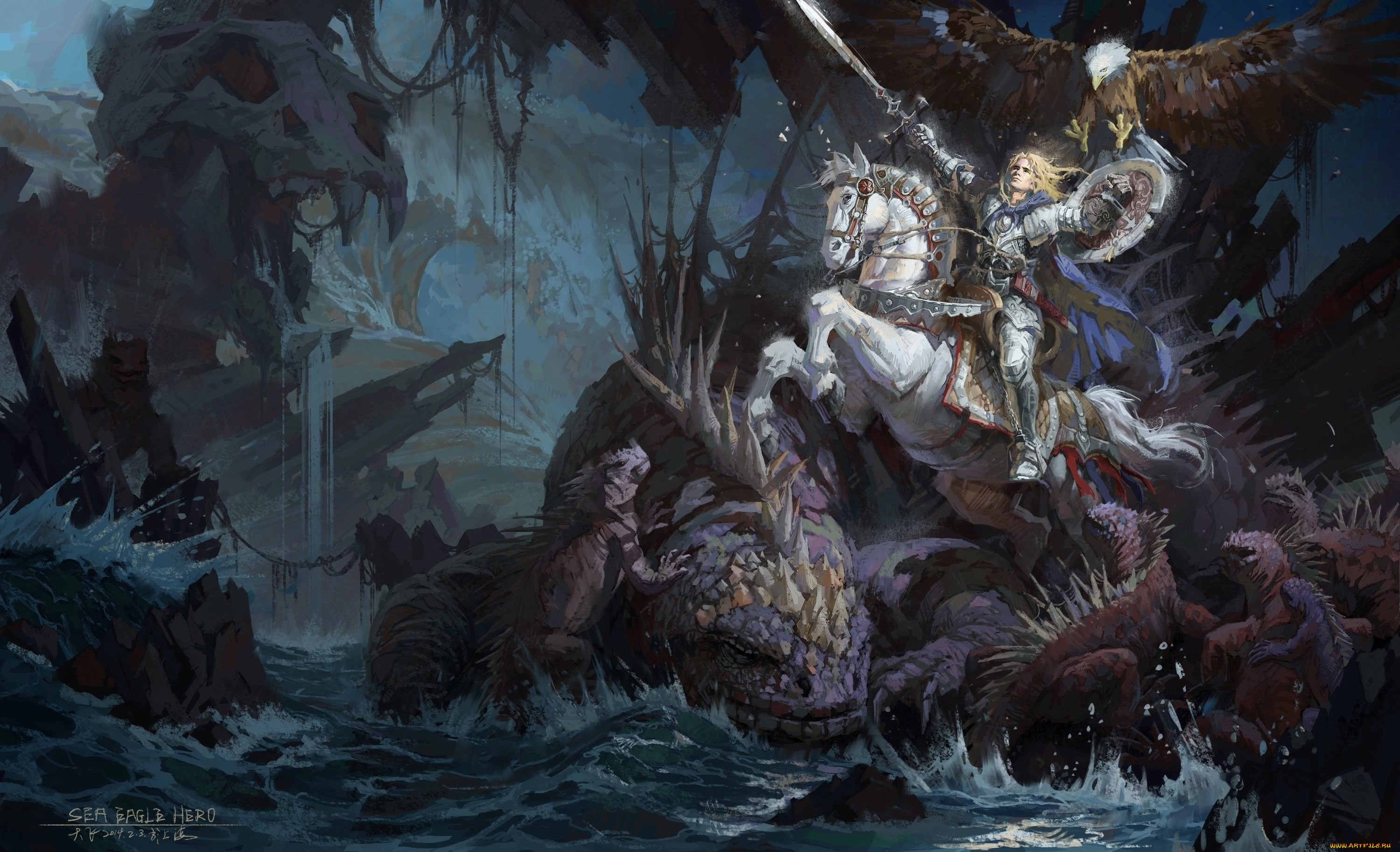 фэнтези, существа, море, скалы, монстры, оружие, конь, арт, воин, всадник