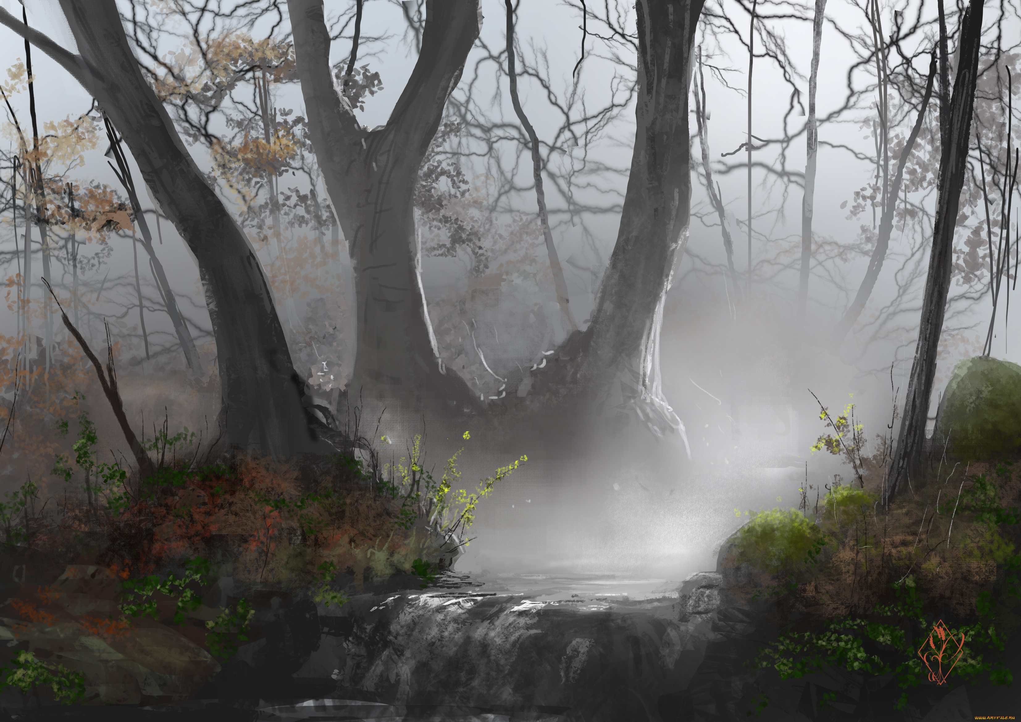 рисованное, природа, деревья, водопад, ручей