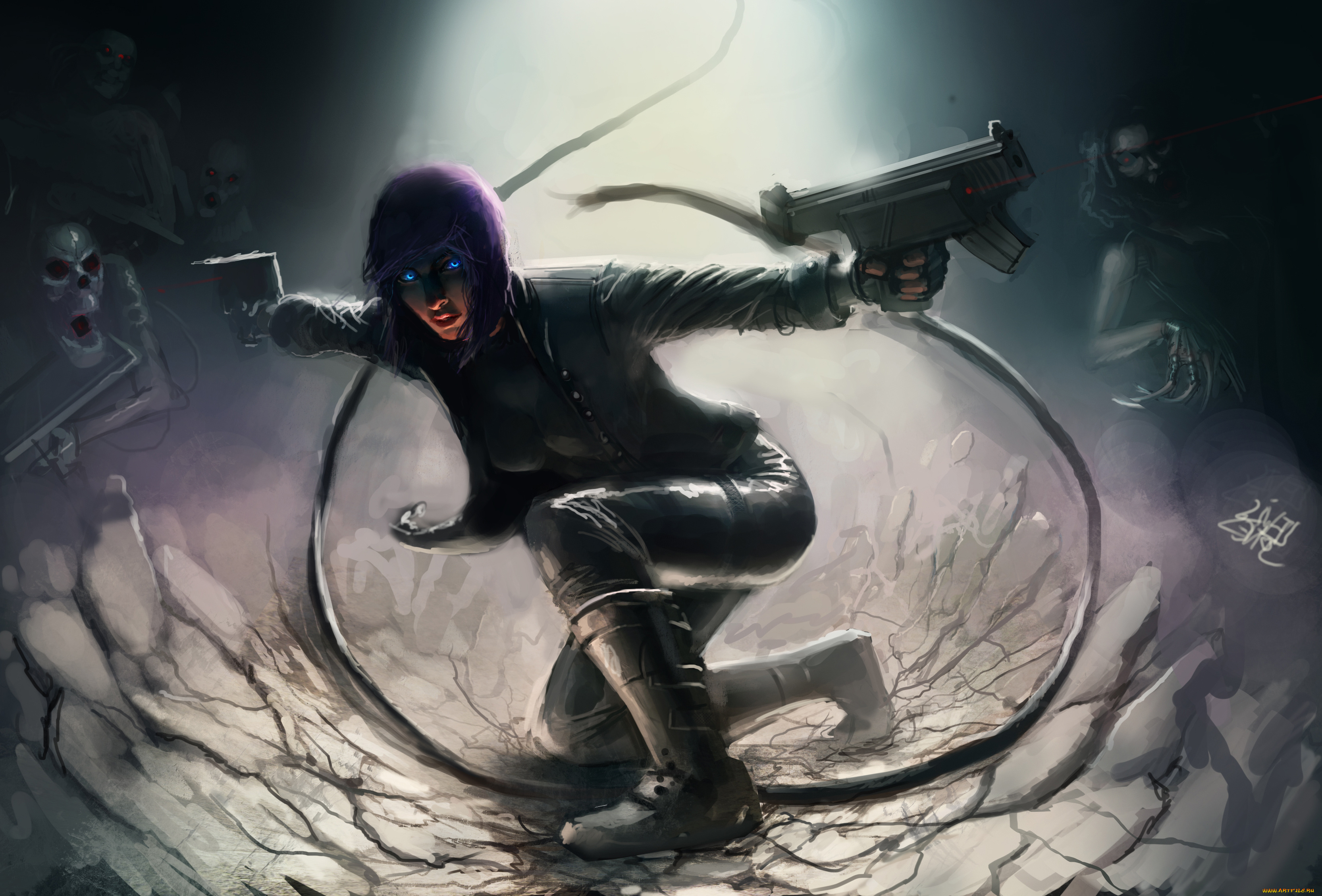 фэнтези, девушки, ghost, in, the, shell, арт, монстры, свет, темно, оружие, девушка