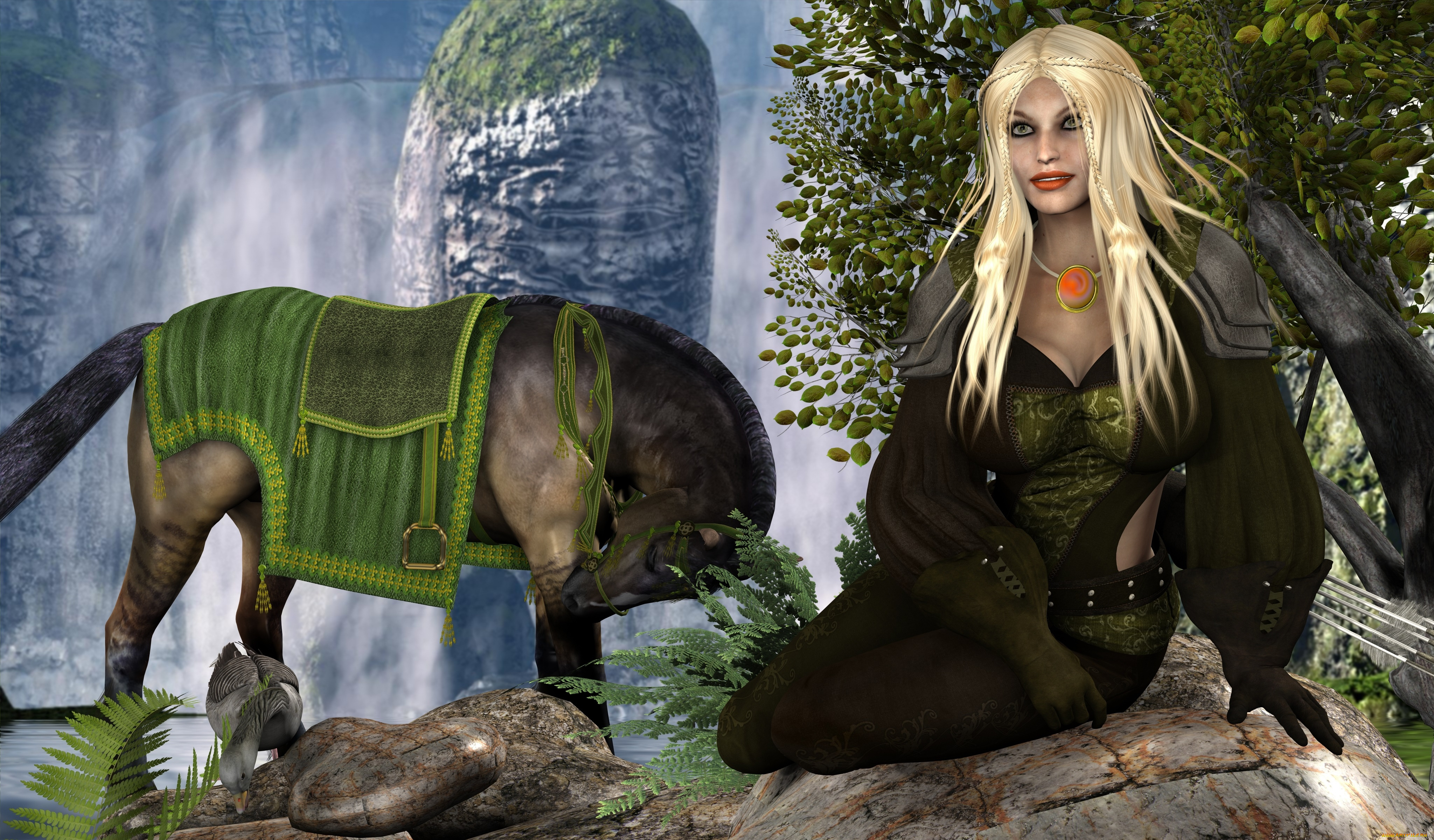 3д, графика, люди, , people, девушка, взгляд, фон, блондинка, гусь, деревья, горы, лошадь