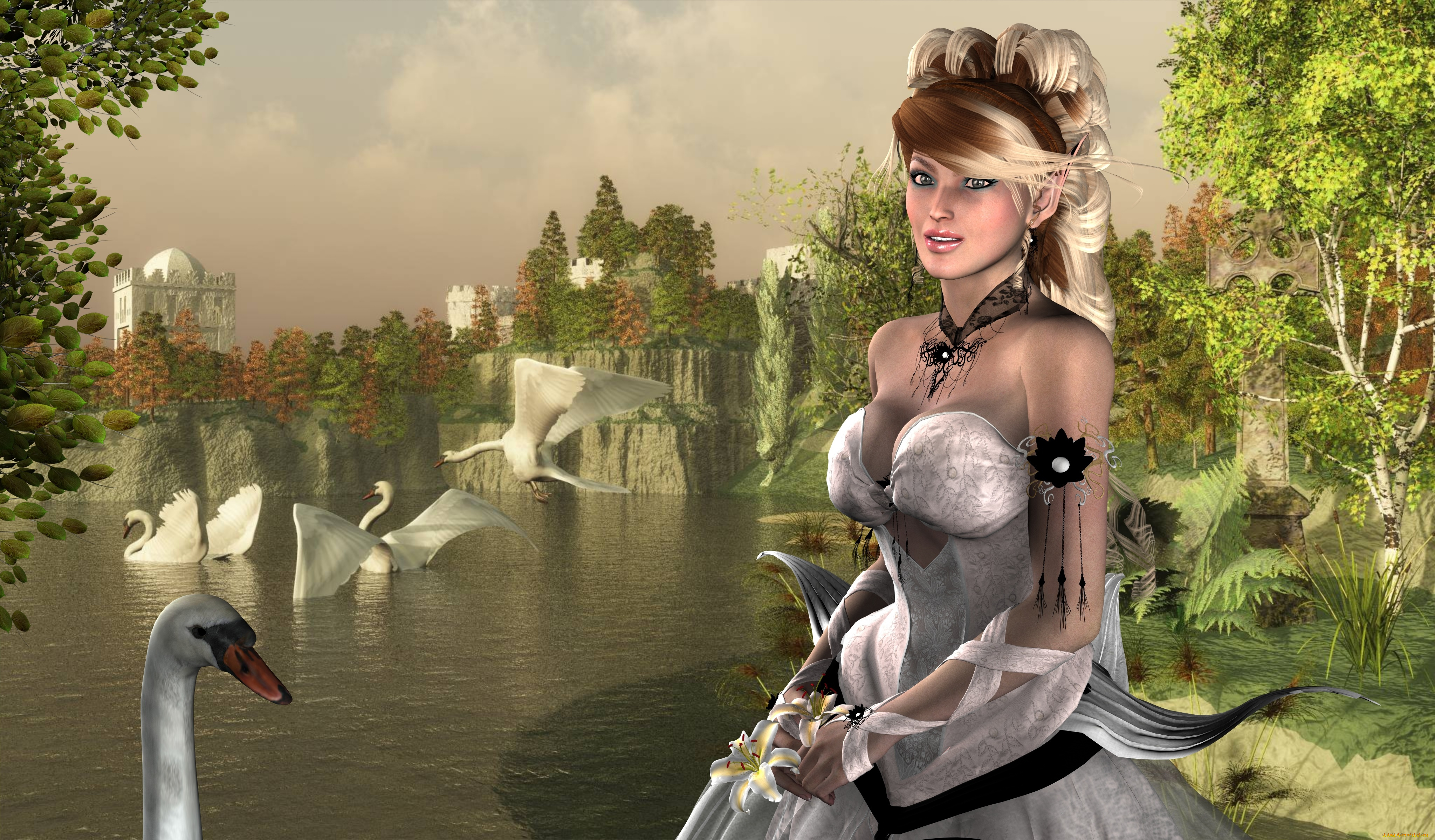 3д, графика, люди, , people, взгляд, лебеди, фон, девушка