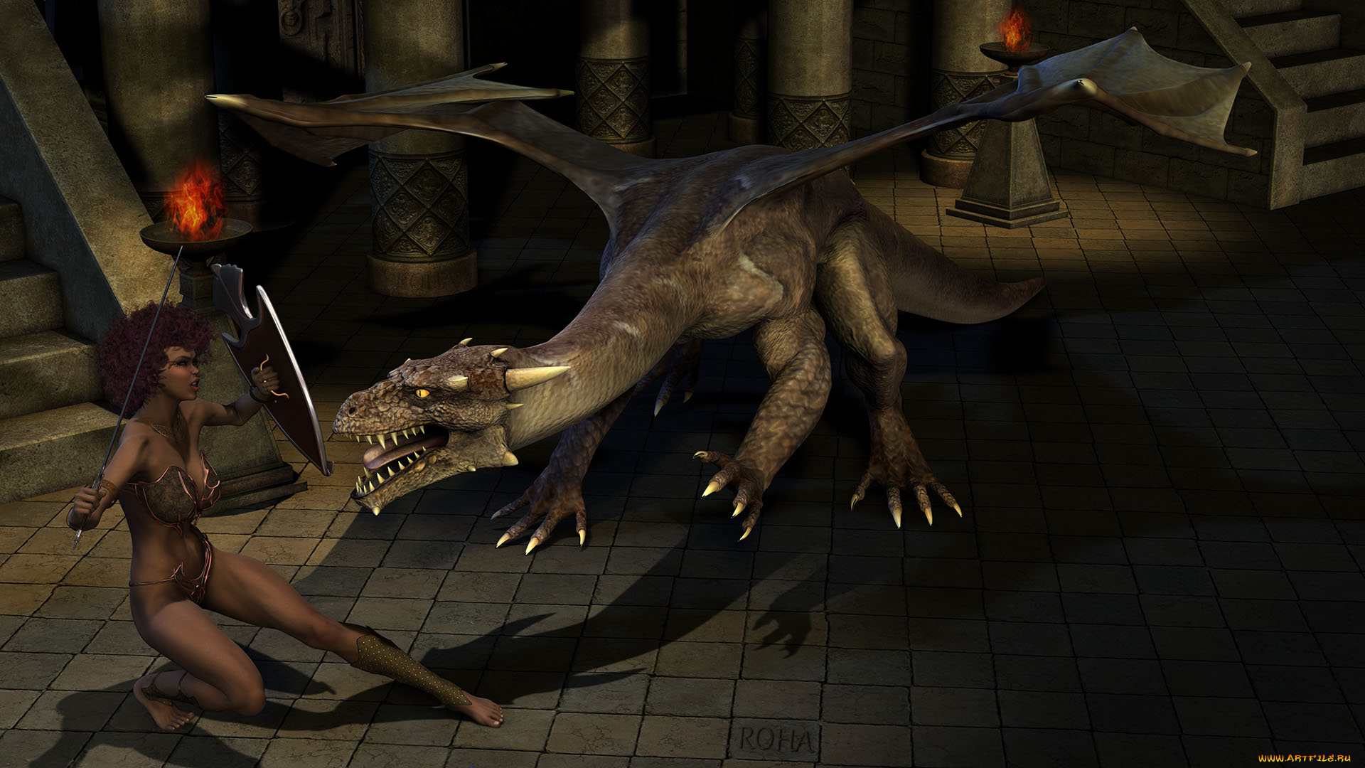 3д, графика, фантазия, , fantasy, дракон, фон, оружие, взгляд, девушка