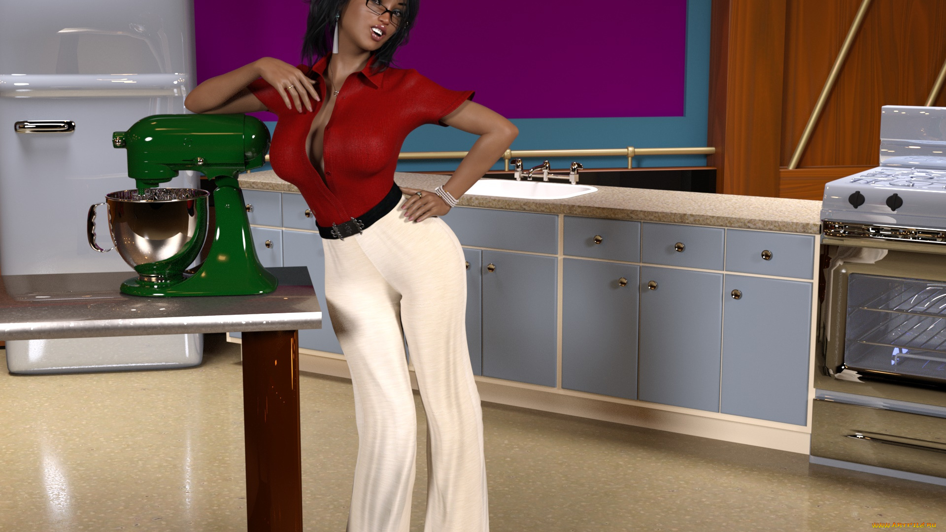 3д, графика, люди, , people, девушка, взгляд, фон, кухня