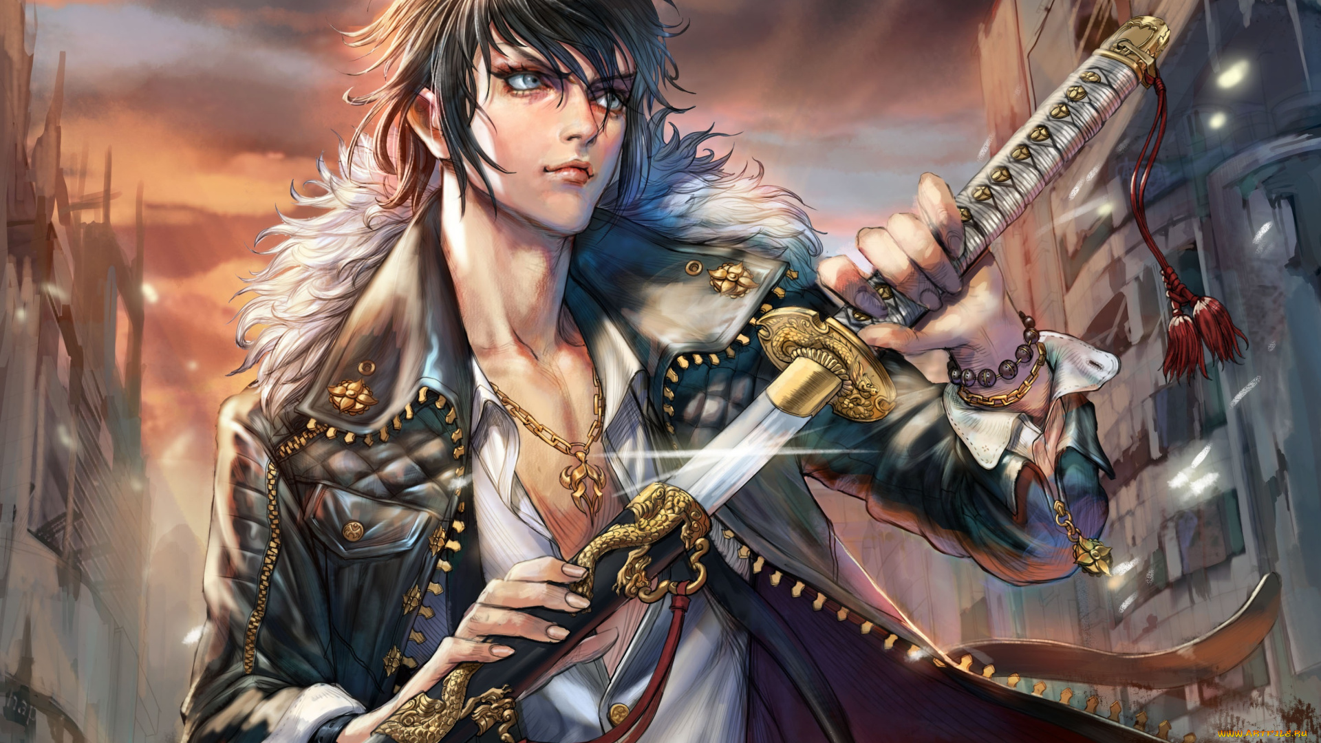 аниме, furyou, michi, gang, road, город, арт, furyou, michi, gang, road, парень, меч