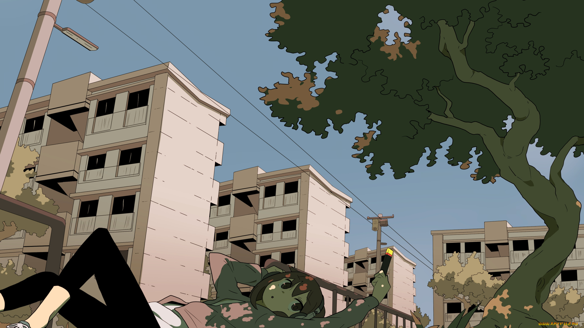 аниме, город, , улицы, , здания, девушка