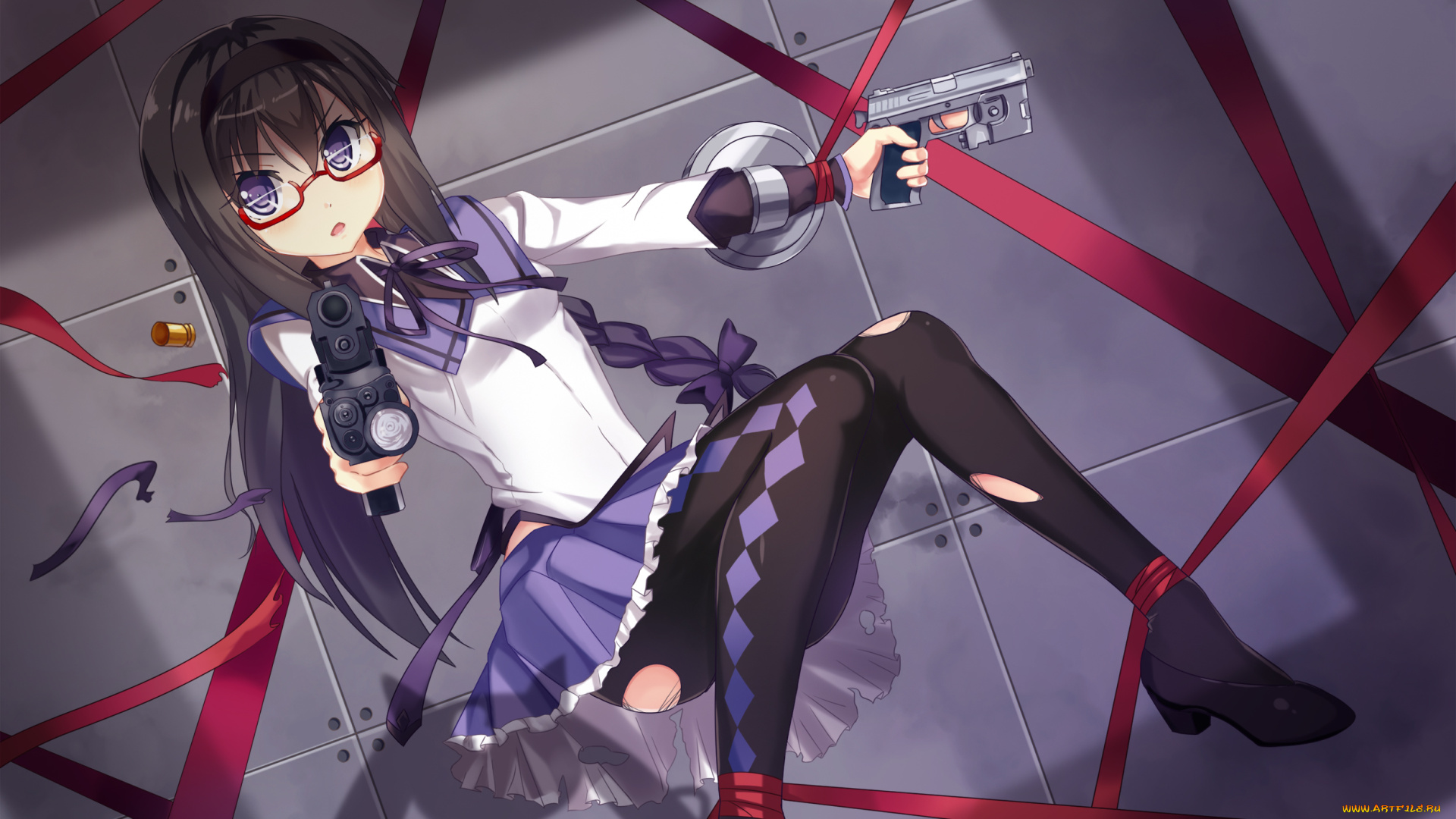 аниме, mahou, shoujo, madoka, magika, оружие, фон, взгляд, девушка