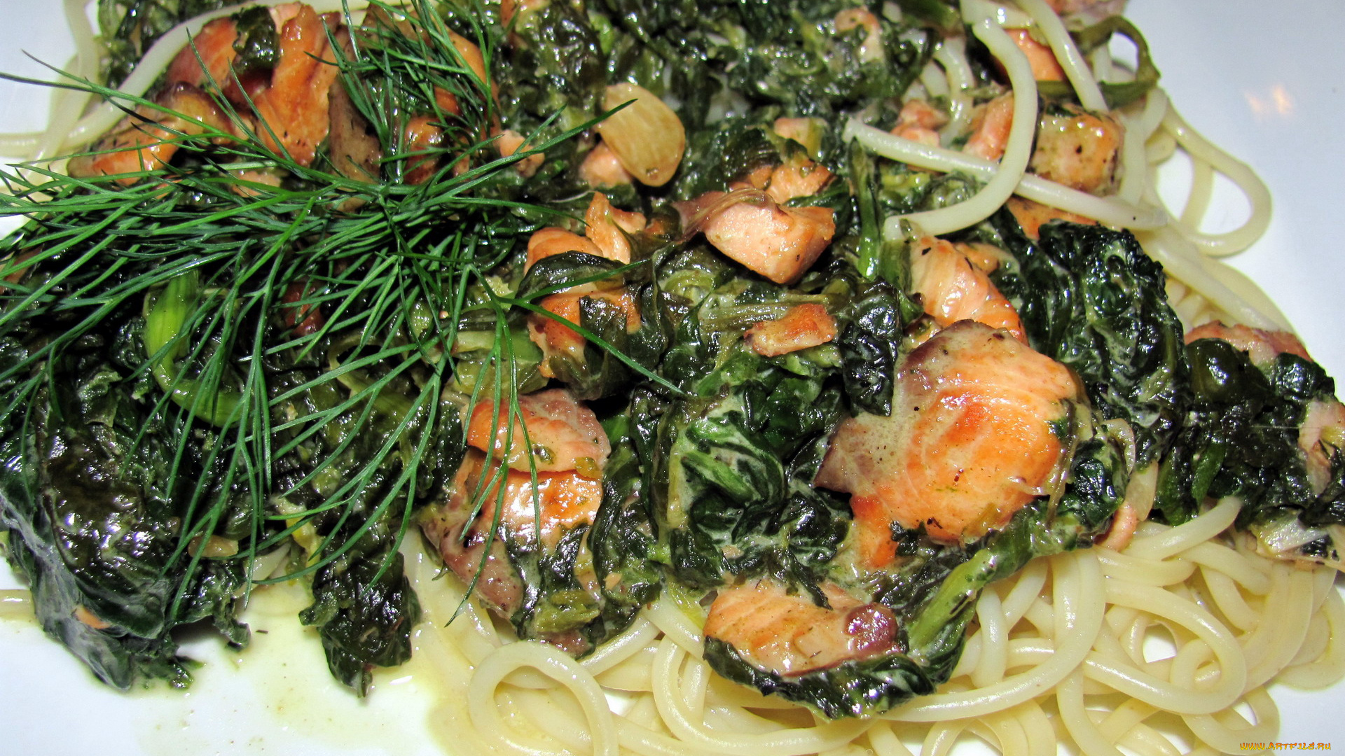 еда, рыбные, блюда, , с, морепродуктами, макароны, шпинат