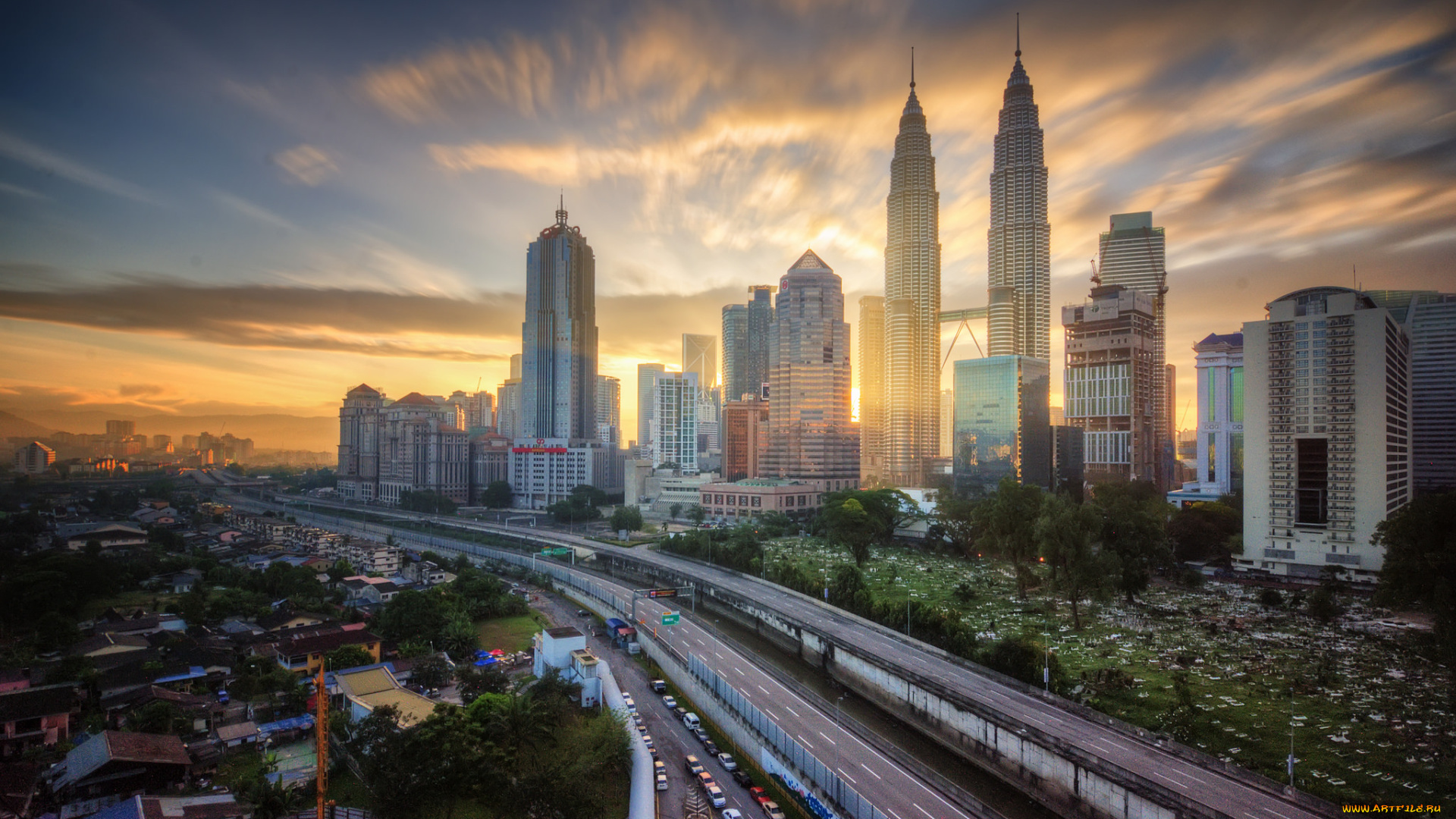 города, куала-лумпур, , малайзия, небоскребы, рассвет