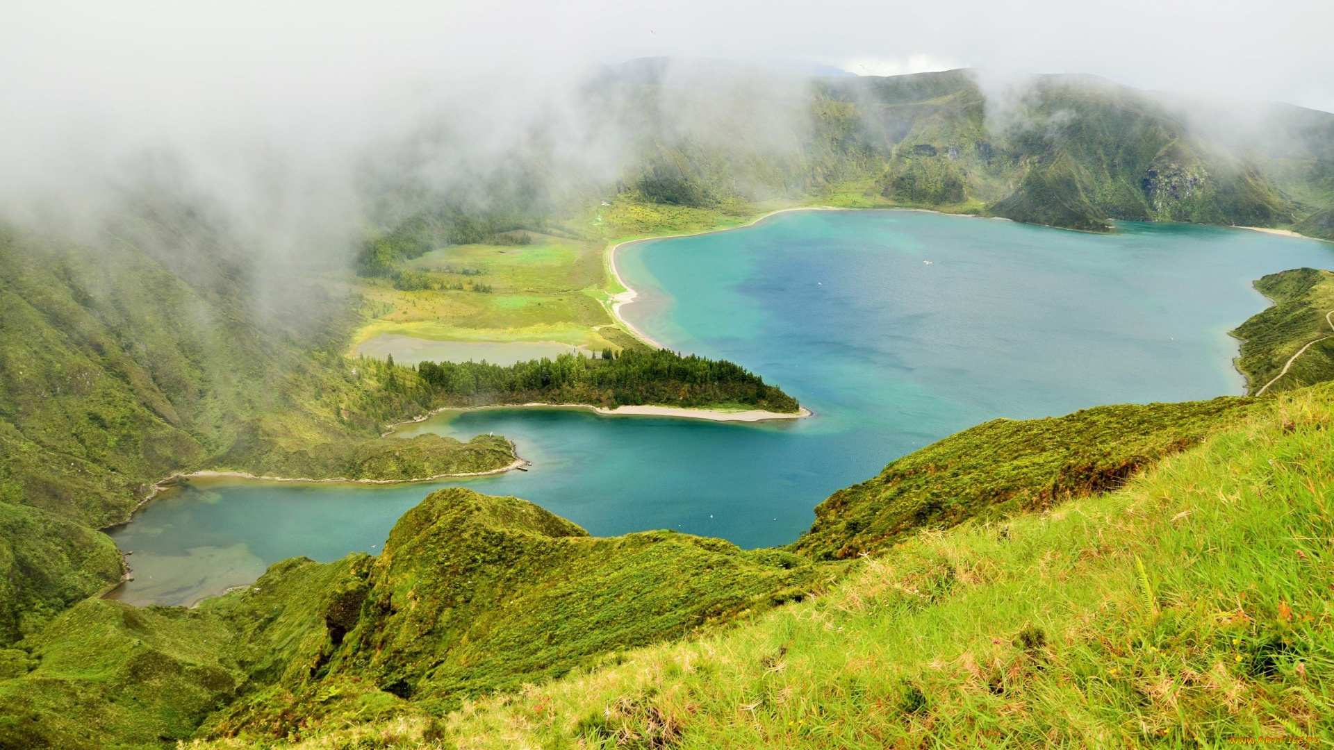 природа, реки, озера, озеро, туман, холмы