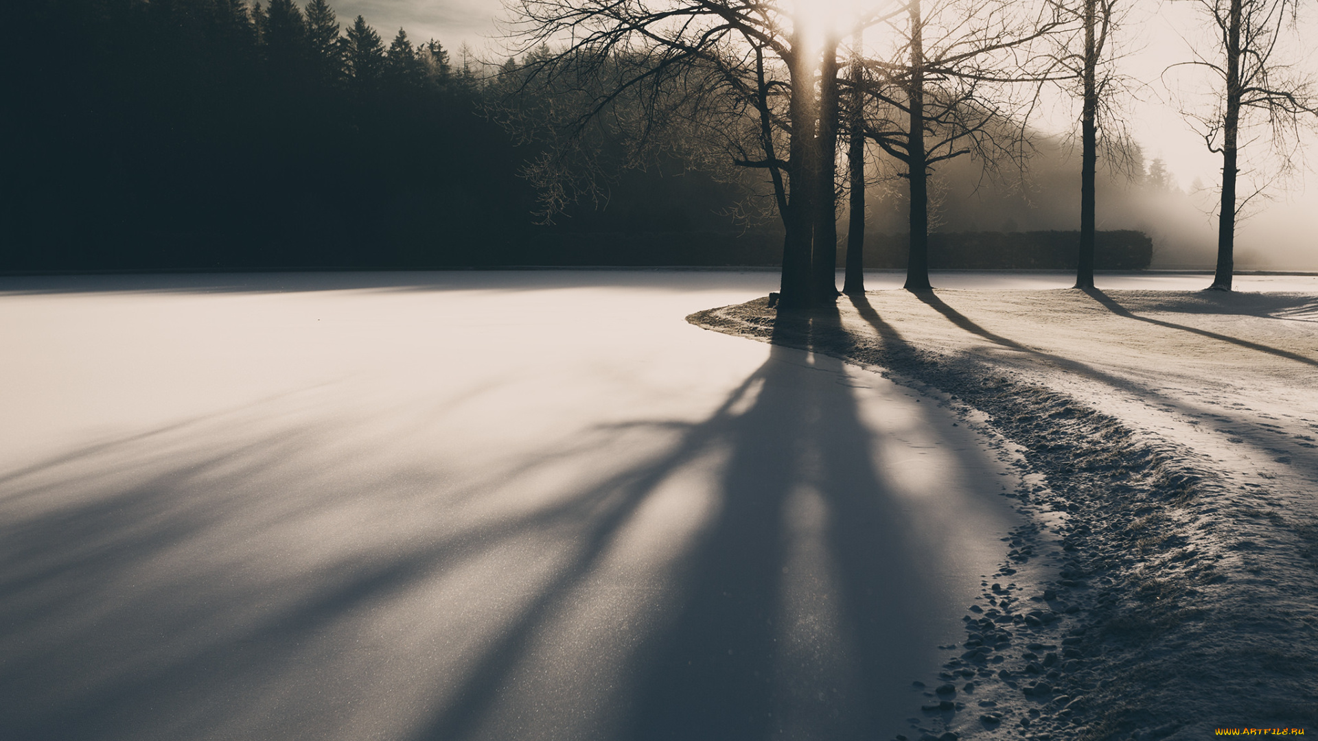 природа, зима, свет, утро, река