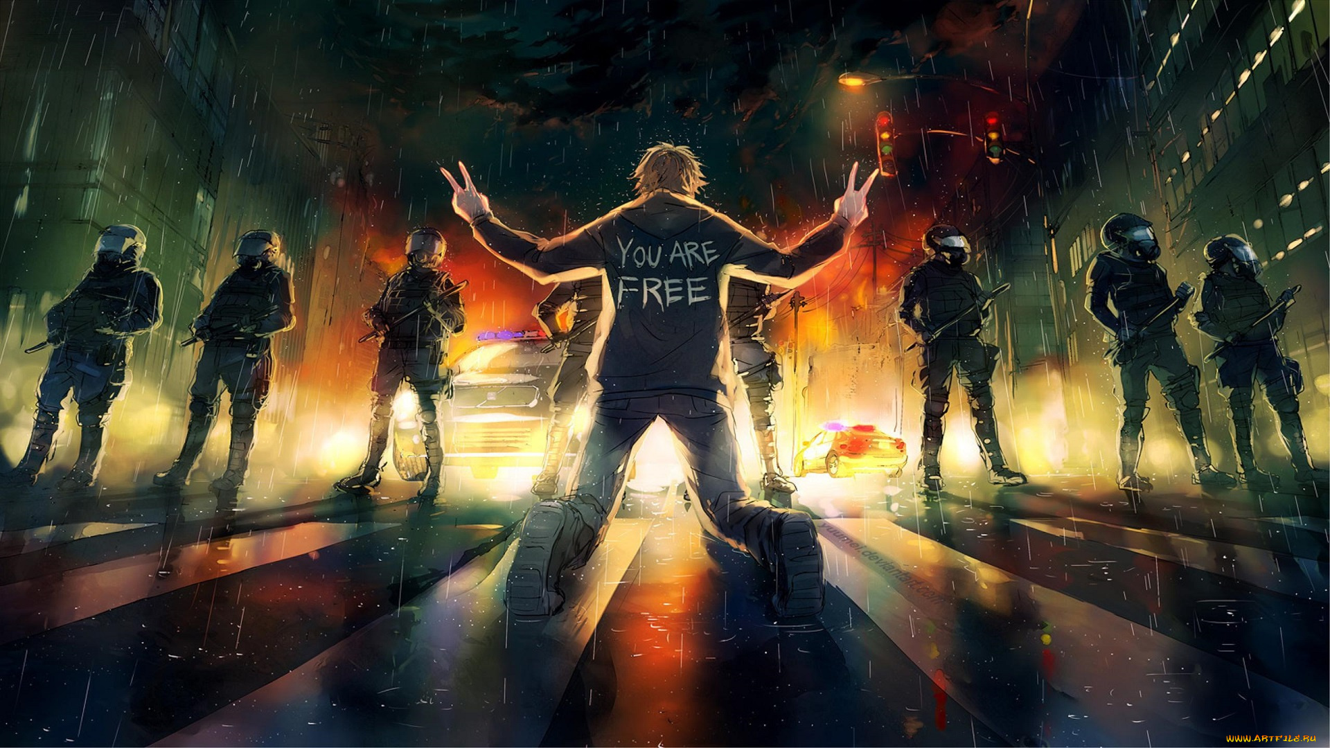 рисованное, люди, ночь