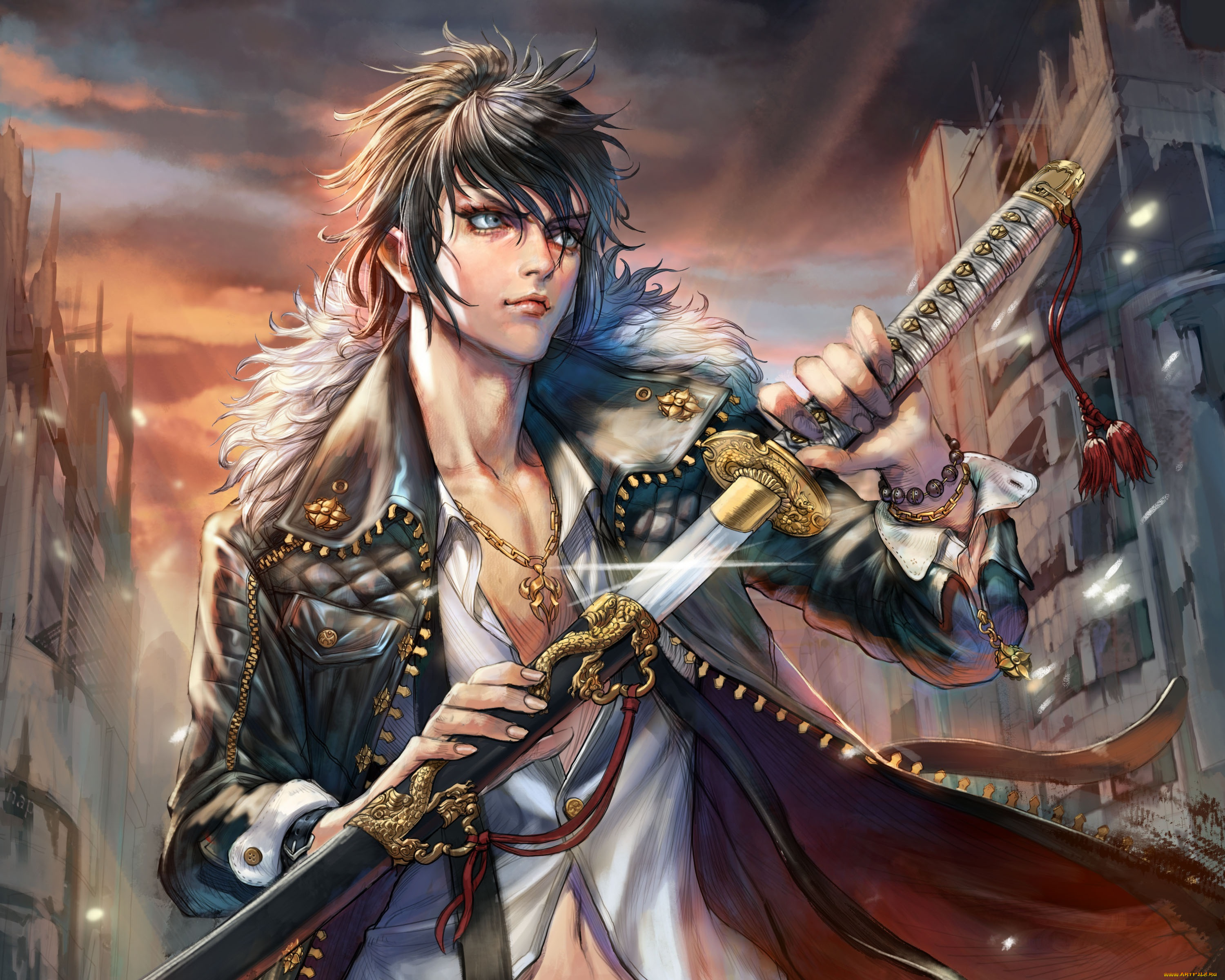 аниме, furyou, michi, gang, road, город, арт, furyou, michi, gang, road, парень, меч