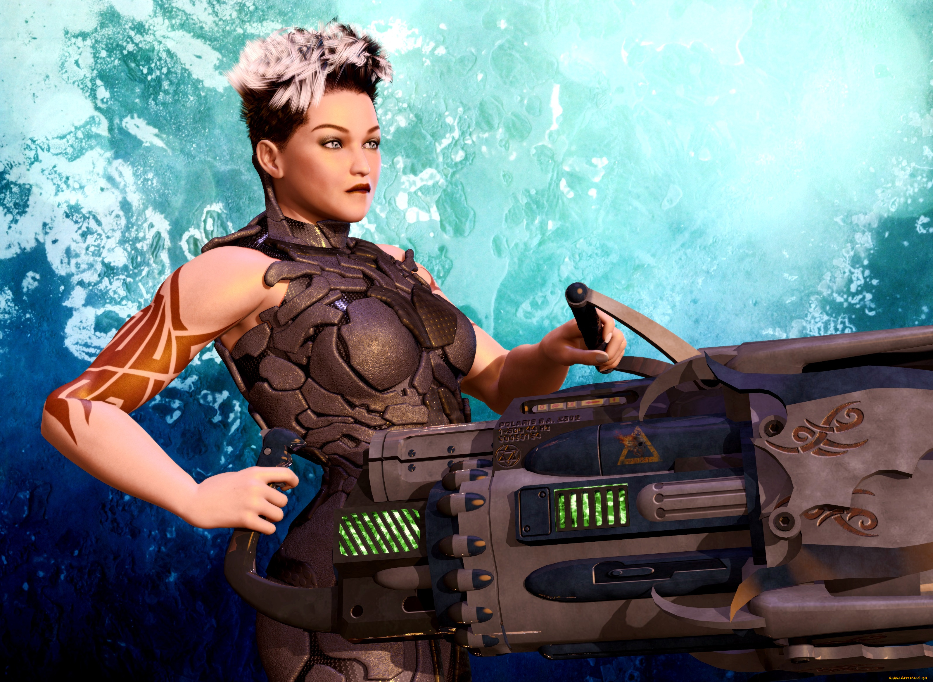 3д, графика, фантазия, , fantasy, девушка, взгляд, фон, оружие