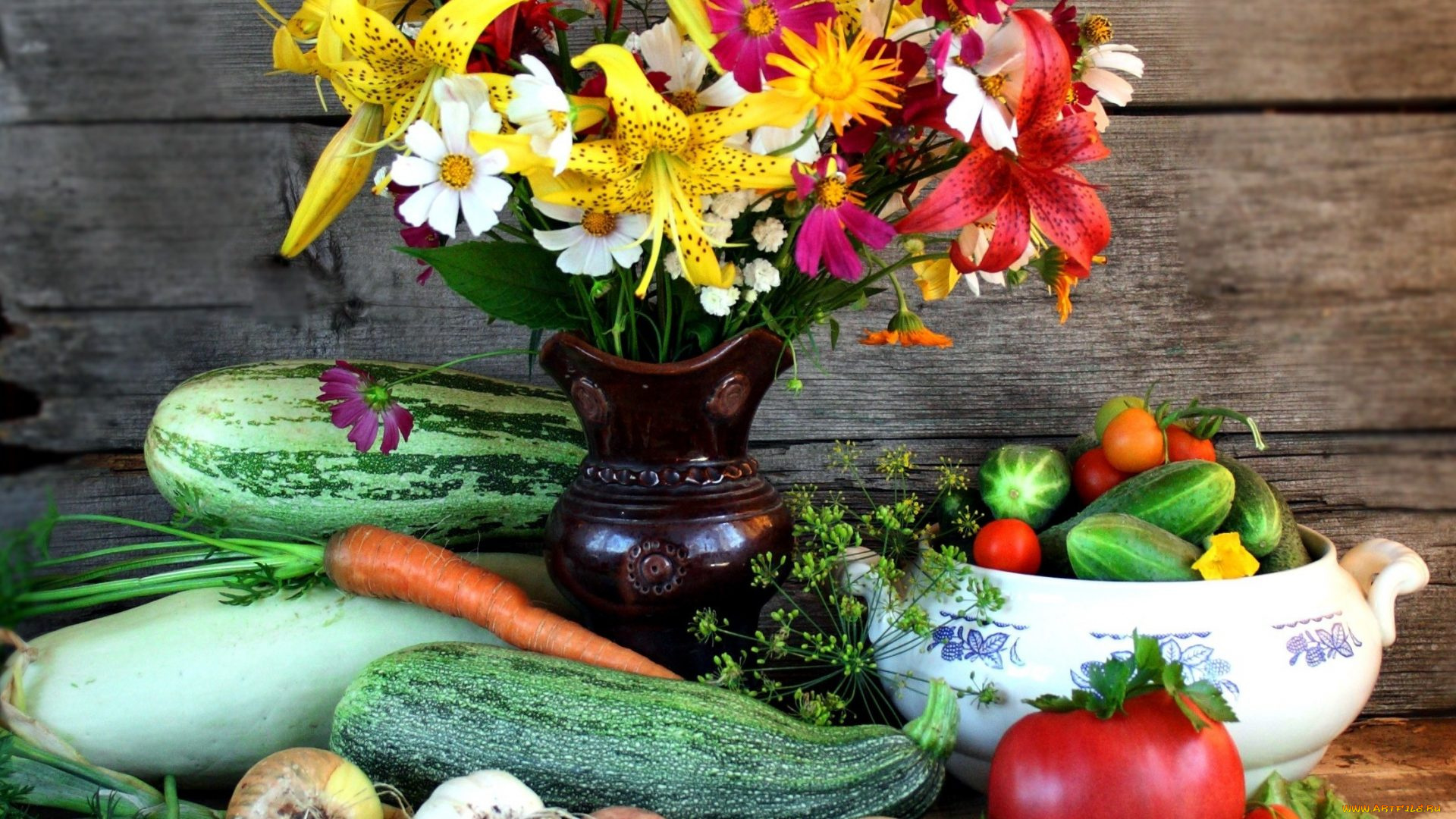 еда, овощи, букет, помидоры, огурцы, морковь, кабачки