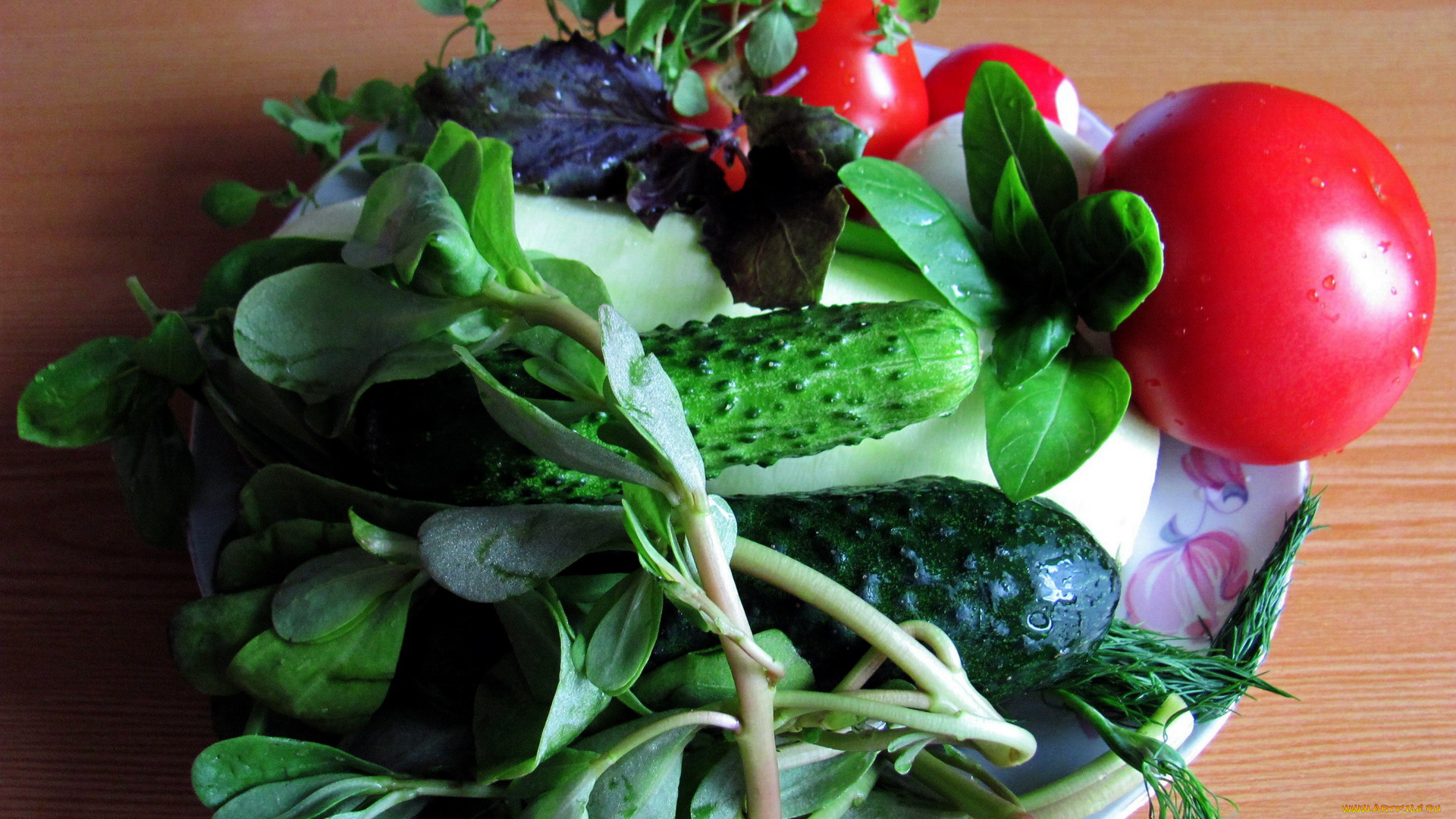 еда, овощи, помидоры, огурцы, укроп, базилик, салат, редис