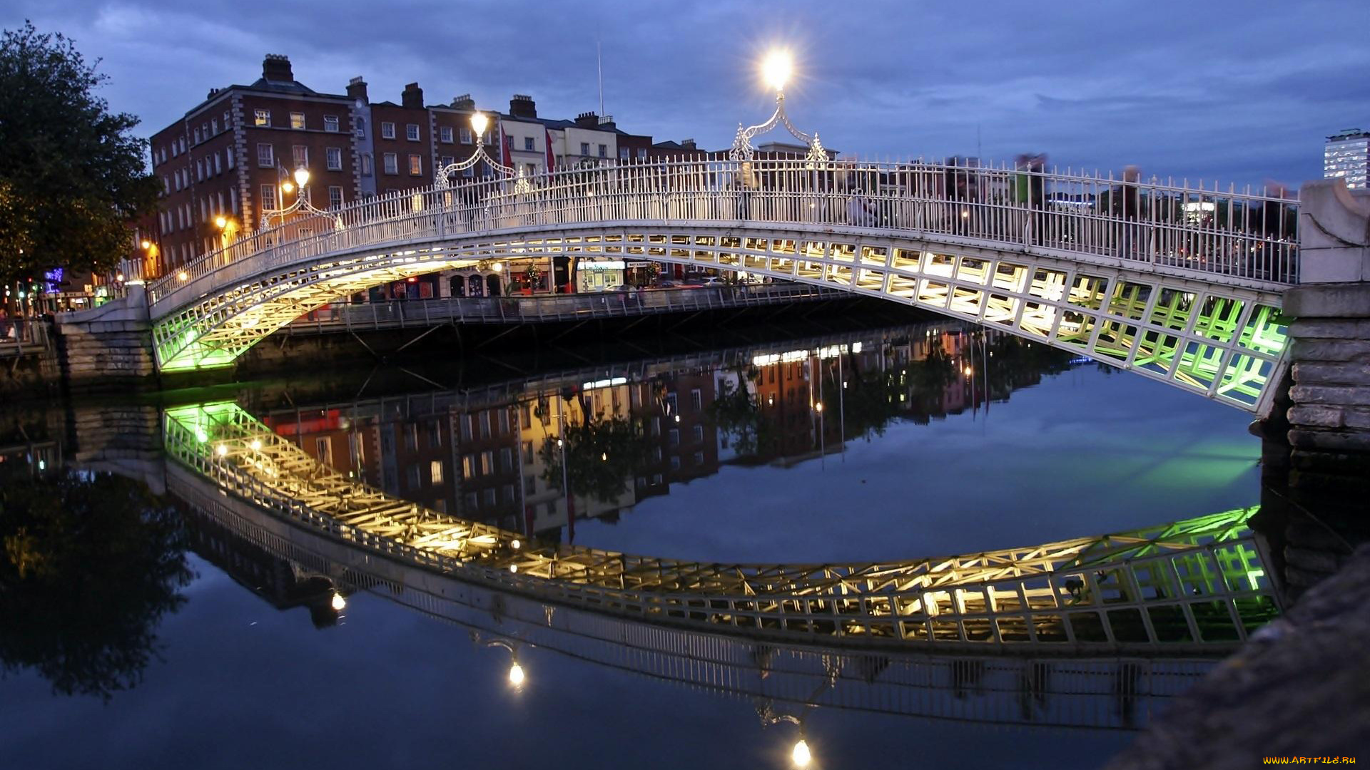 города, дублин, , ирландия, фонари, мост, река, отражение