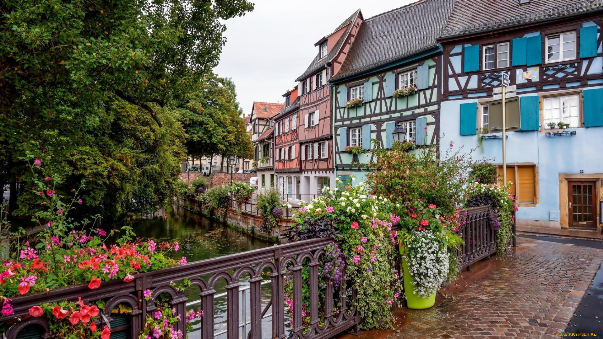 города, кольмар, , франция, мост, цветы, река