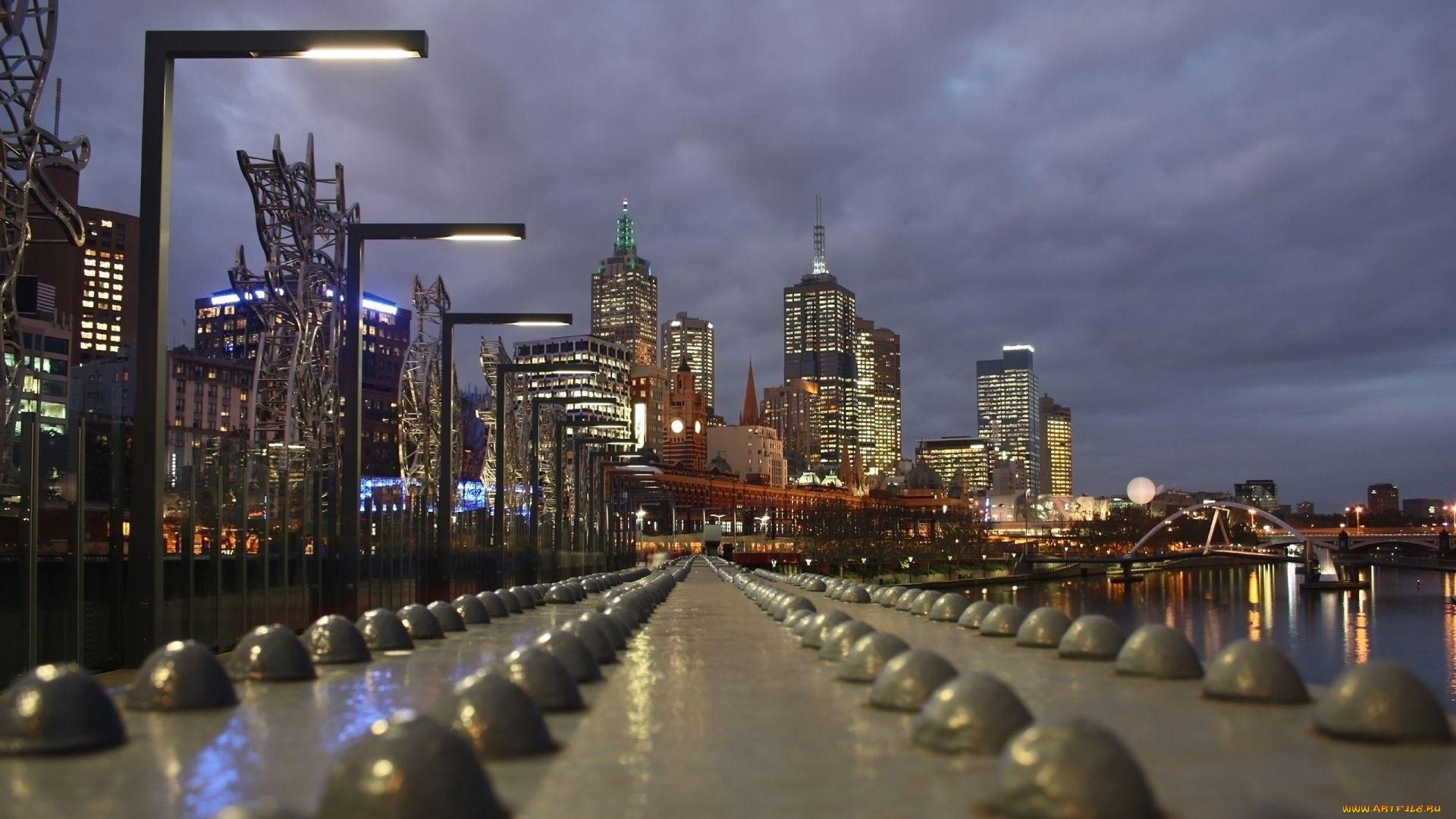 города, мельбурн, , австралия, вечер, фонари, набережная