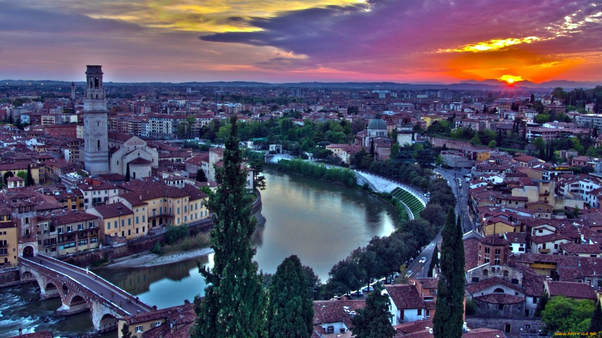 города, верона, , италия, река, закат, мост, панорама, сумерки