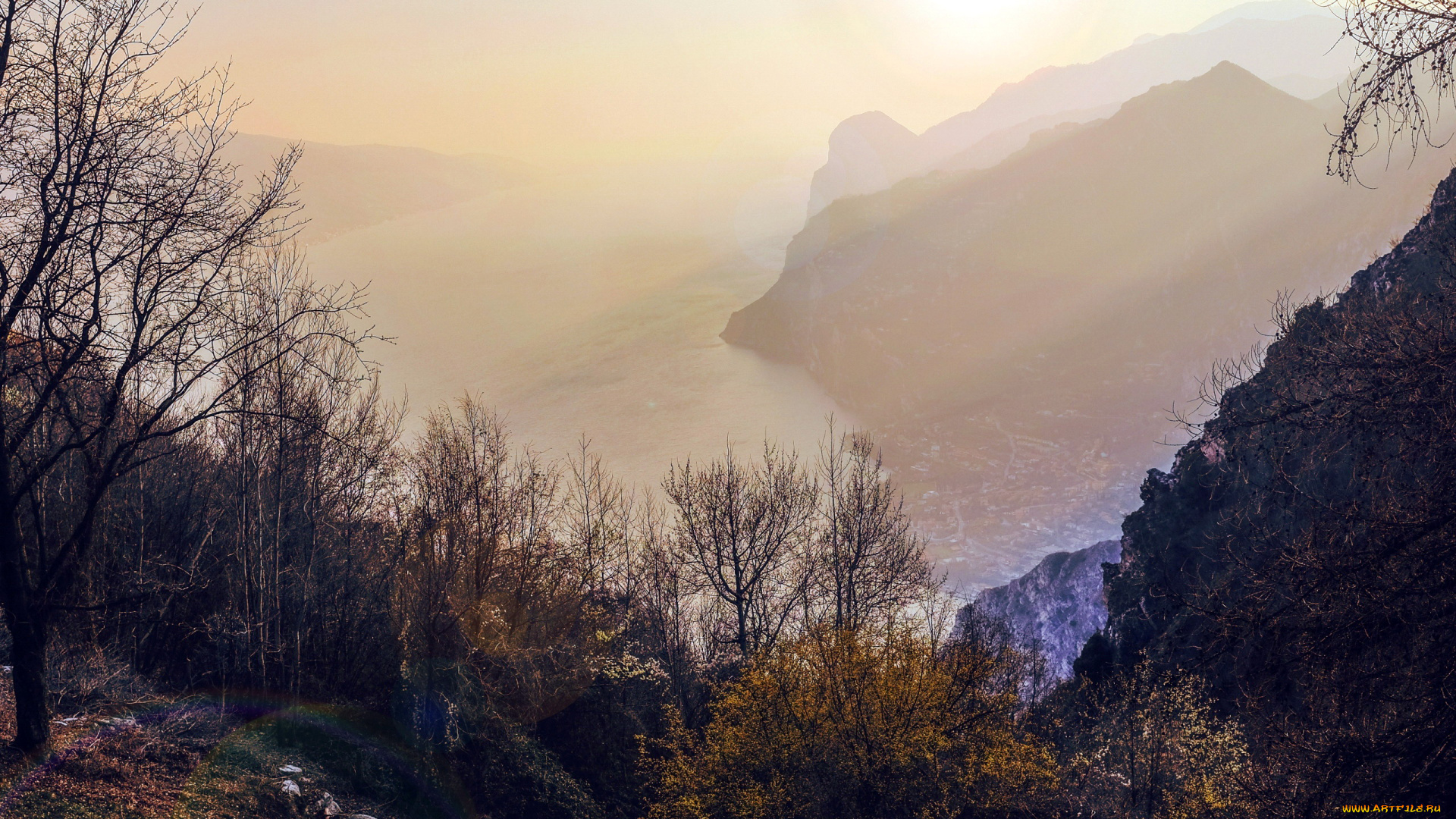 природа, горы, туман, деревья, гора